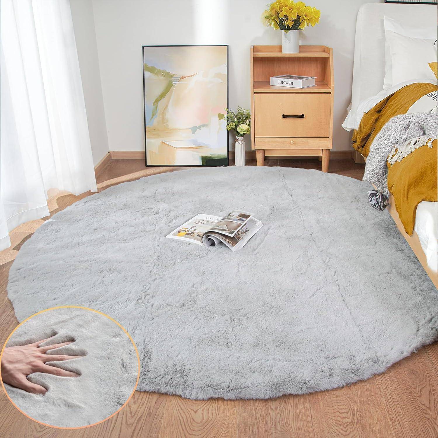 Teppich Rund Kunstfell Waschbar Wohnzimmer 240 cm (Rund) Grau