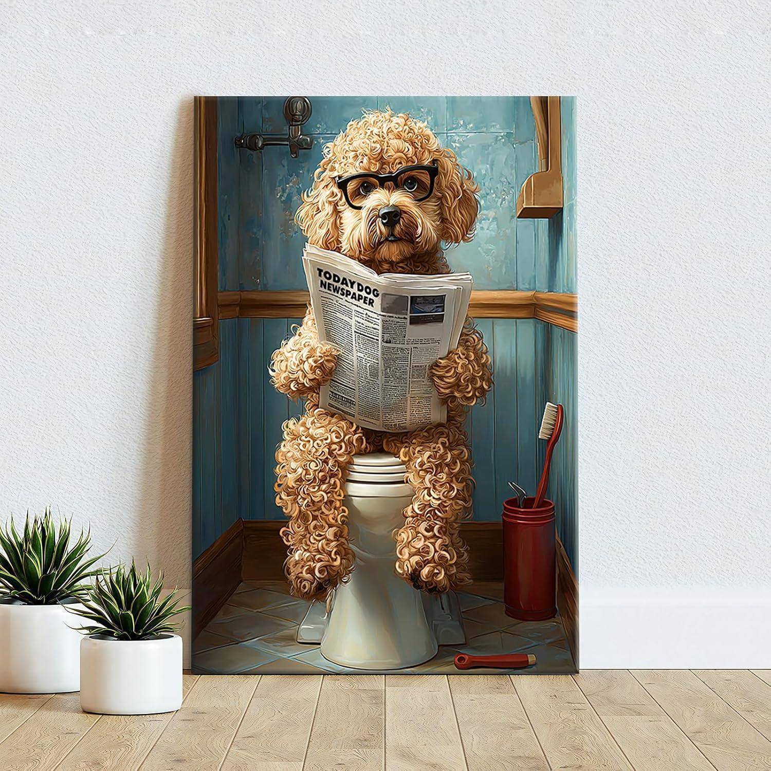 Leinwandbild Pudel 40L x 60B cm Pudel auf Toilette Liest Zeitung