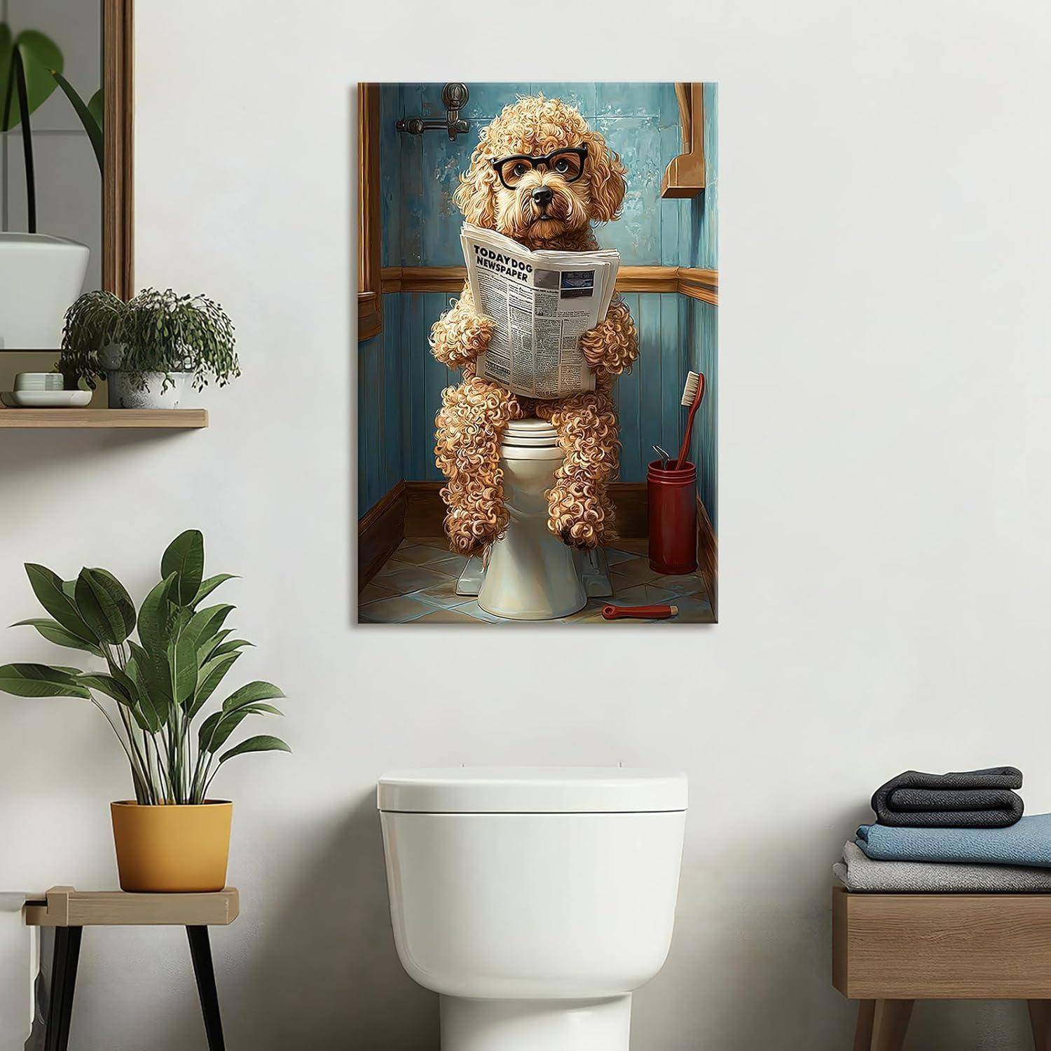 Leinwandbild Pudel 40L x 60B cm Pudel auf Toilette Liest Zeitung