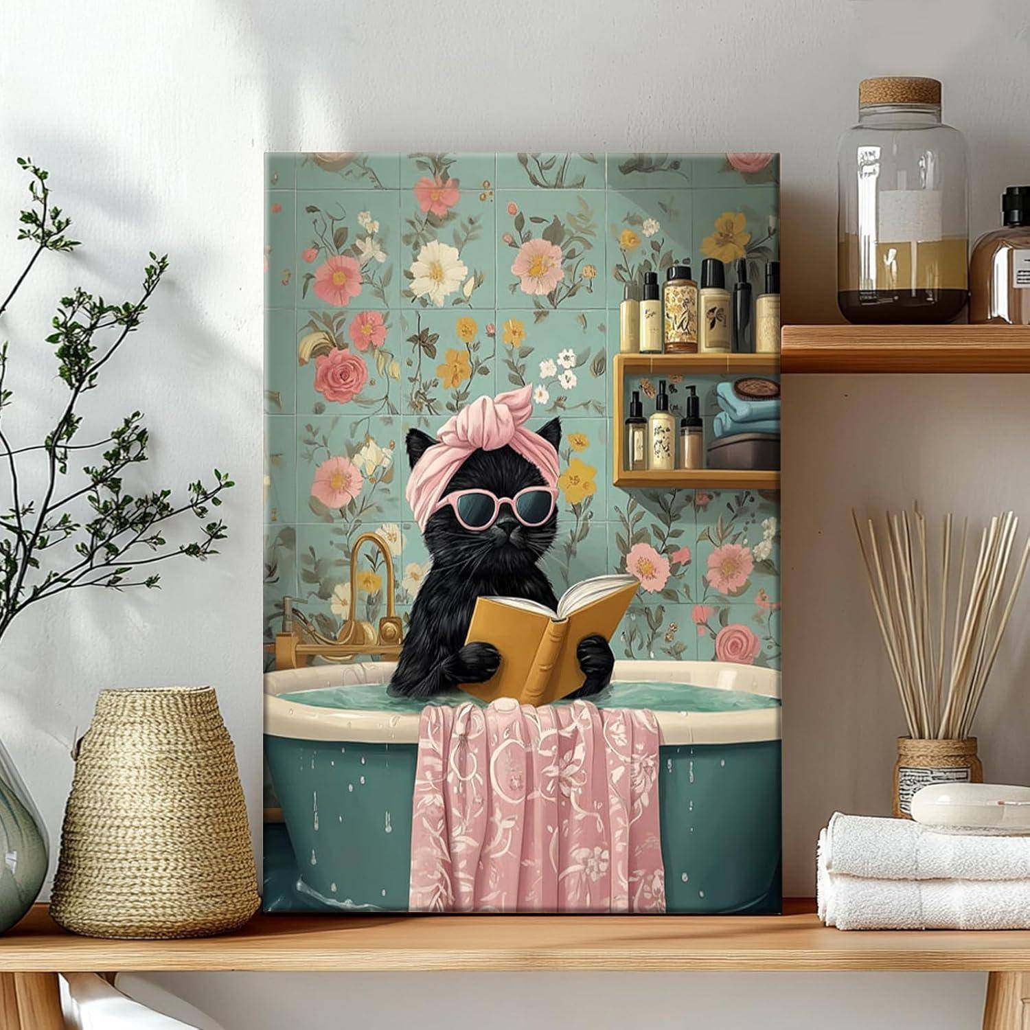 Leinwandbild Rahmen 40L x 60B cm Niedliche Schwarze Katze beim Baden