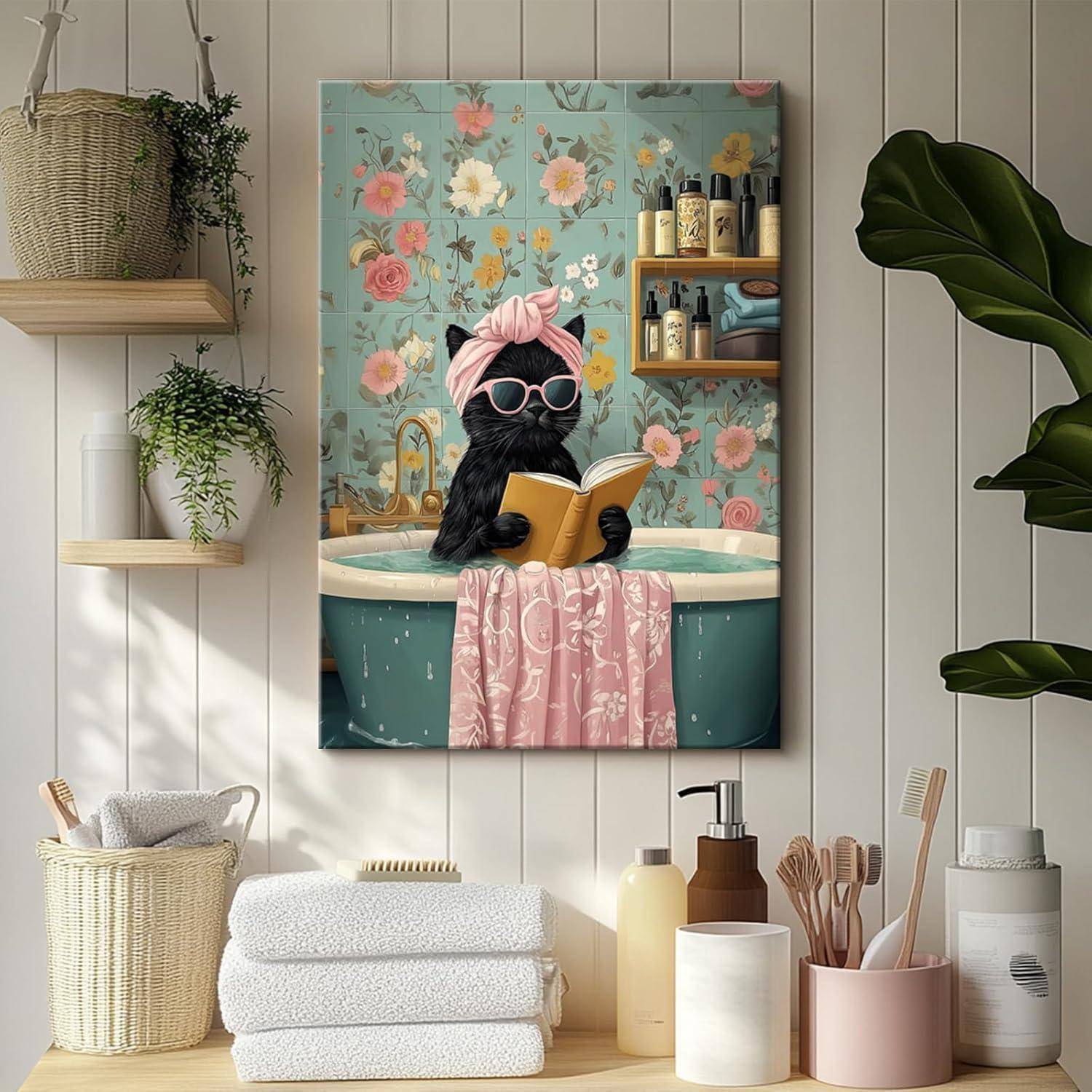 Leinwandbild Rahmen 40L x 60B cm Niedliche Schwarze Katze beim Baden