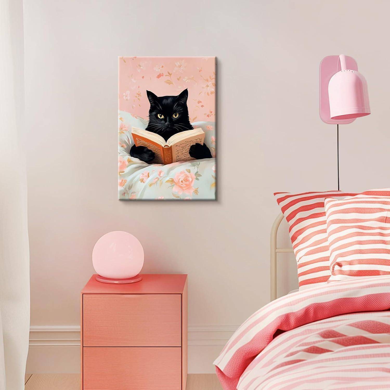 Leinwandbild 40L x 60B cm Lustige schwarze Katze liest Bücher