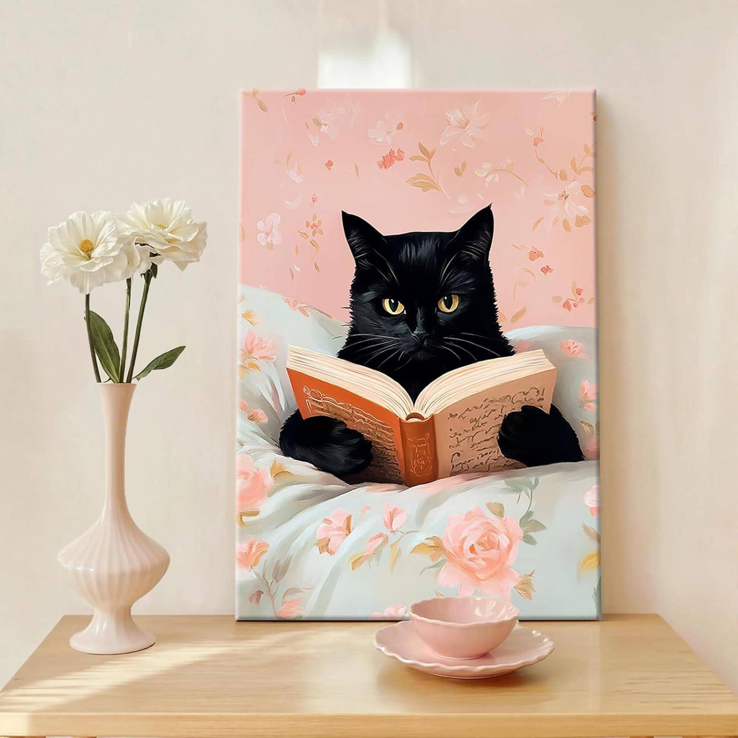Leinwandbild 40L x 60B cm Lustige schwarze Katze liest Bücher