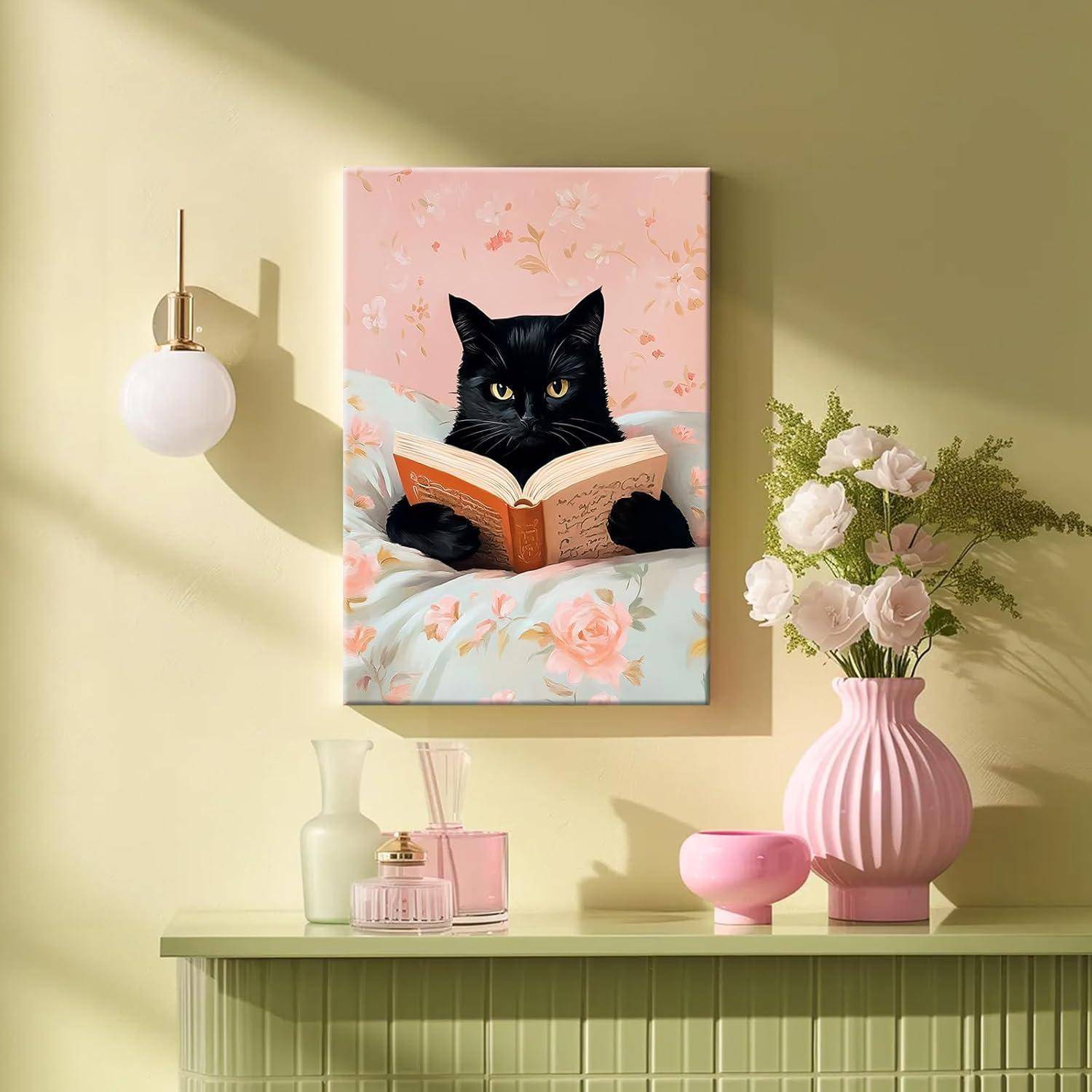 Leinwandbild 40L x 60B cm Lustige schwarze Katze liest Bücher