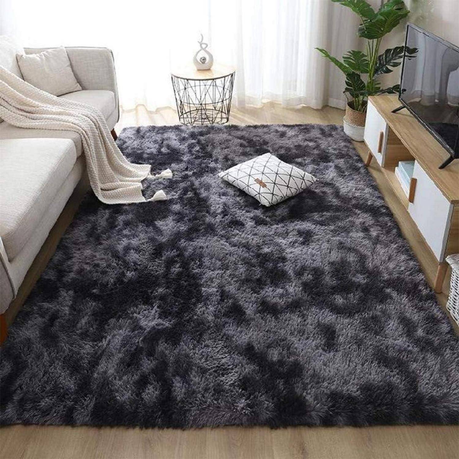 Teppich Shaggy Langflor Rutschfest Wohnzimmer Schwarz Grau 135*185cm