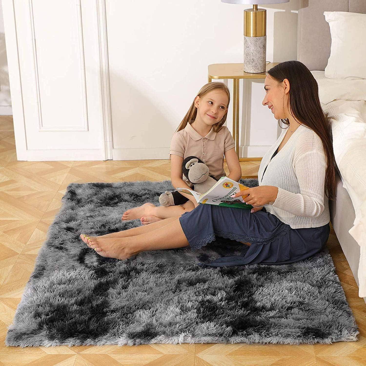 Teppich Shaggy Langflor Rutschfest Kinder Schwarz Grau 80*120cm