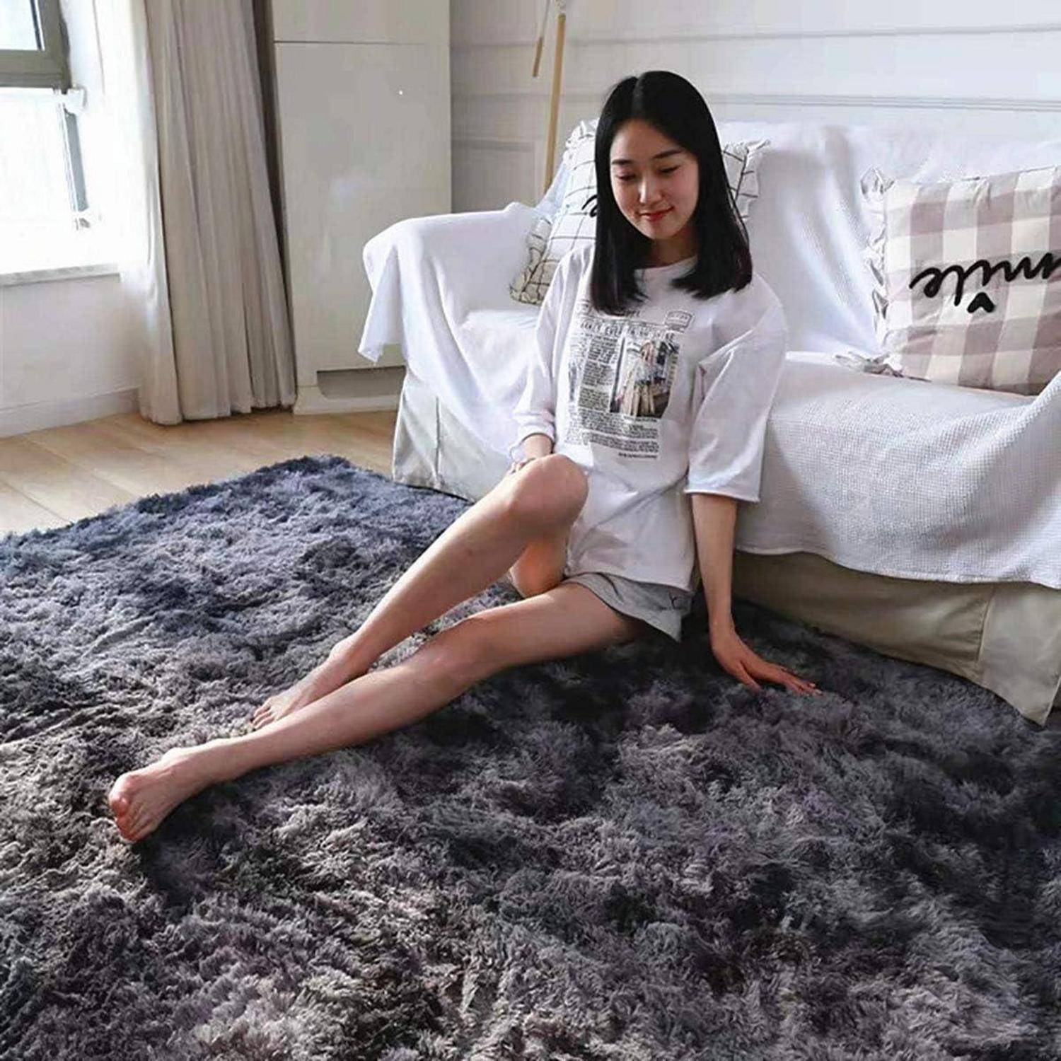 Hochflor Teppich Shaggy Flauschig Waschbar 80x120 cm Grau Schwarz