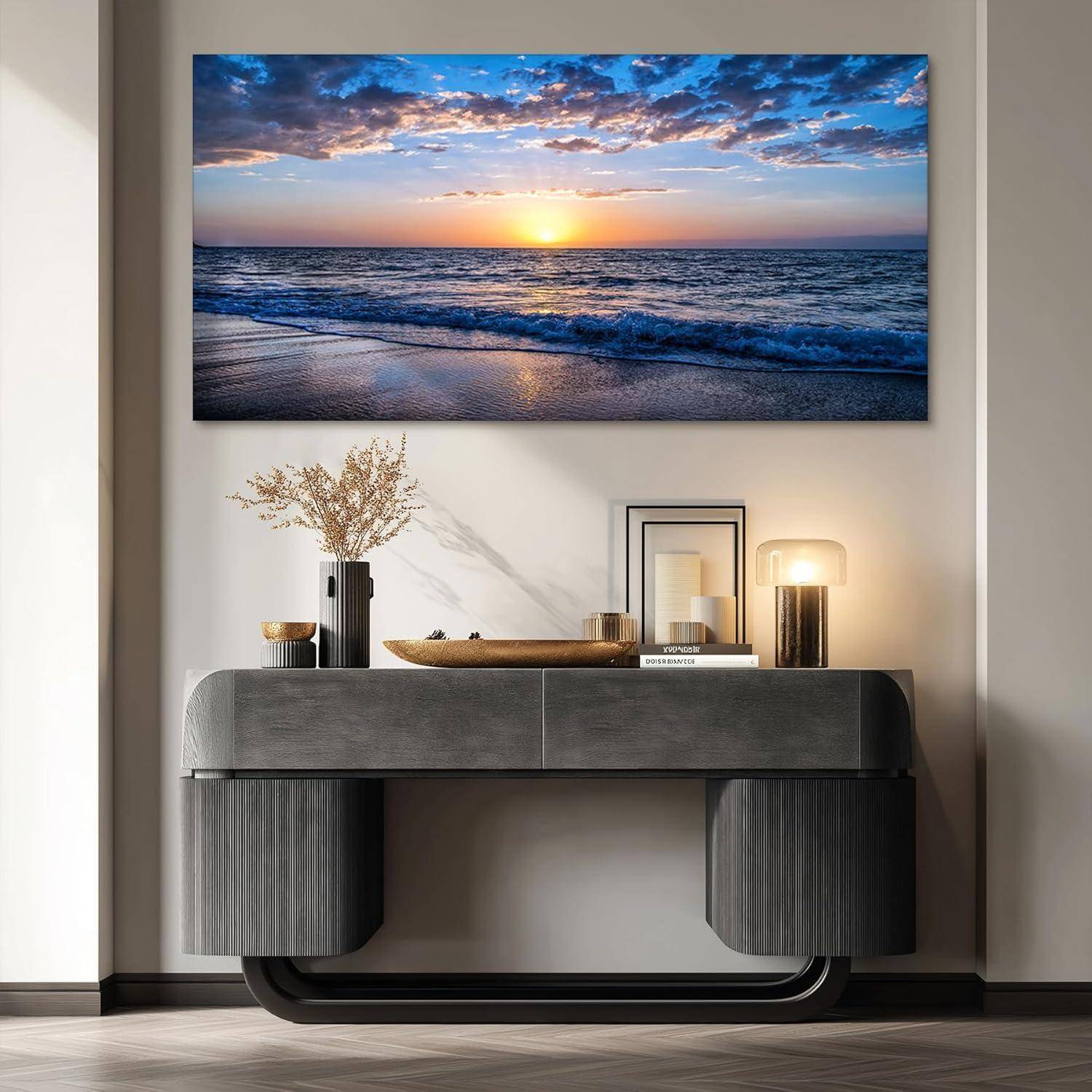 Leinwandbild Sonnenuntergang Strand Goldener Sandstrand 150L x 75B cm