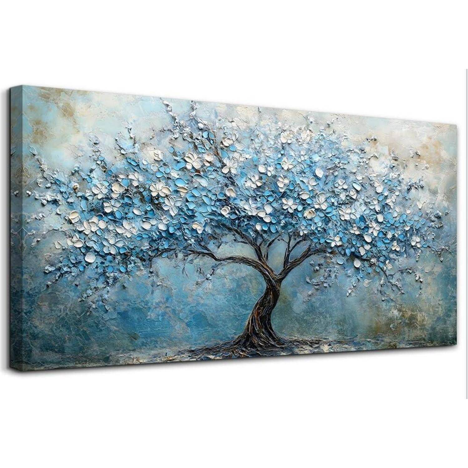 Ein Gemälde eines stilisierten Baumes mit einer strukturierten Rinde und üppigen weißen Blüten vor einem blauen Hintergrund, das ein Gefühl der Ruhe vermittelt.