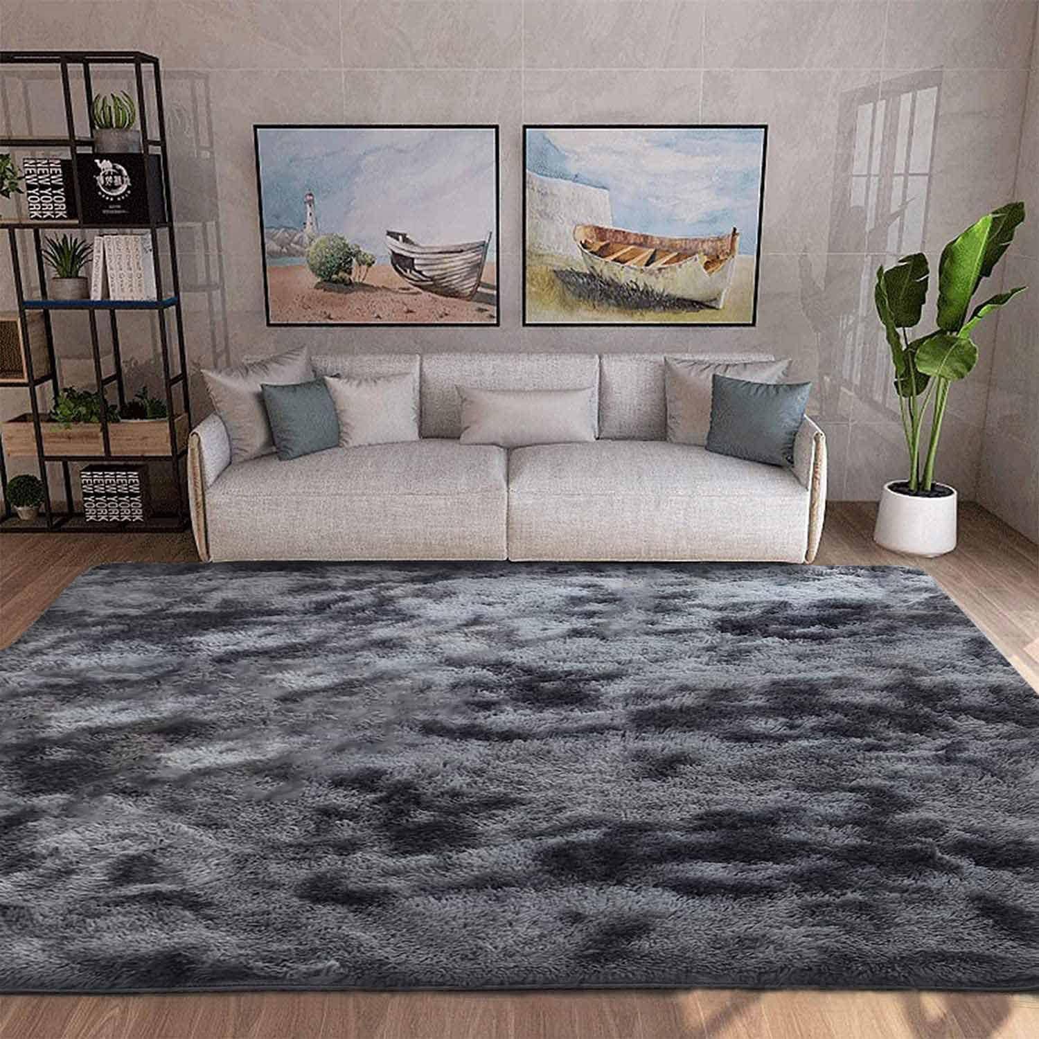 Teppich rund flauschig groß 200 x 300 cm (Rechteckig) Grau Schwarz