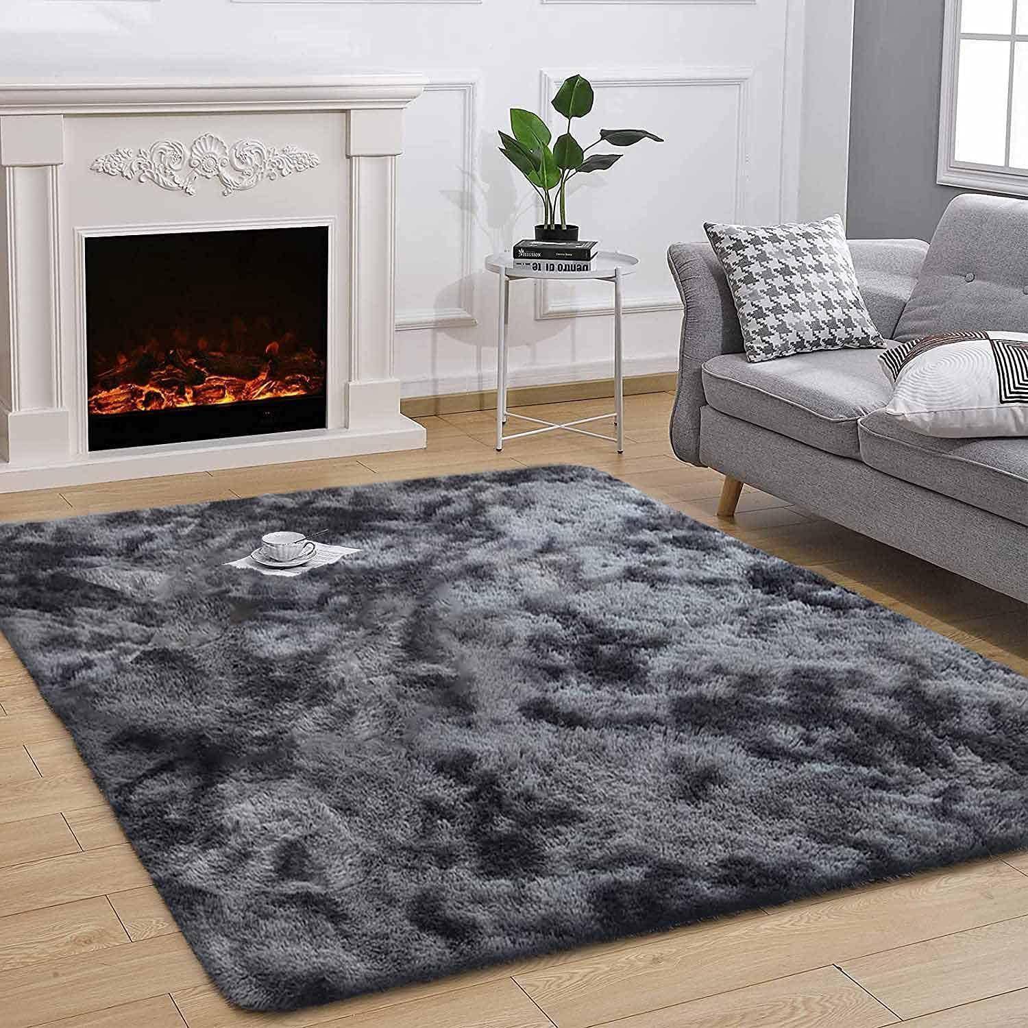 Teppich rund flauschig groß 200 x 300 cm (Rechteckig) Grau Schwarz