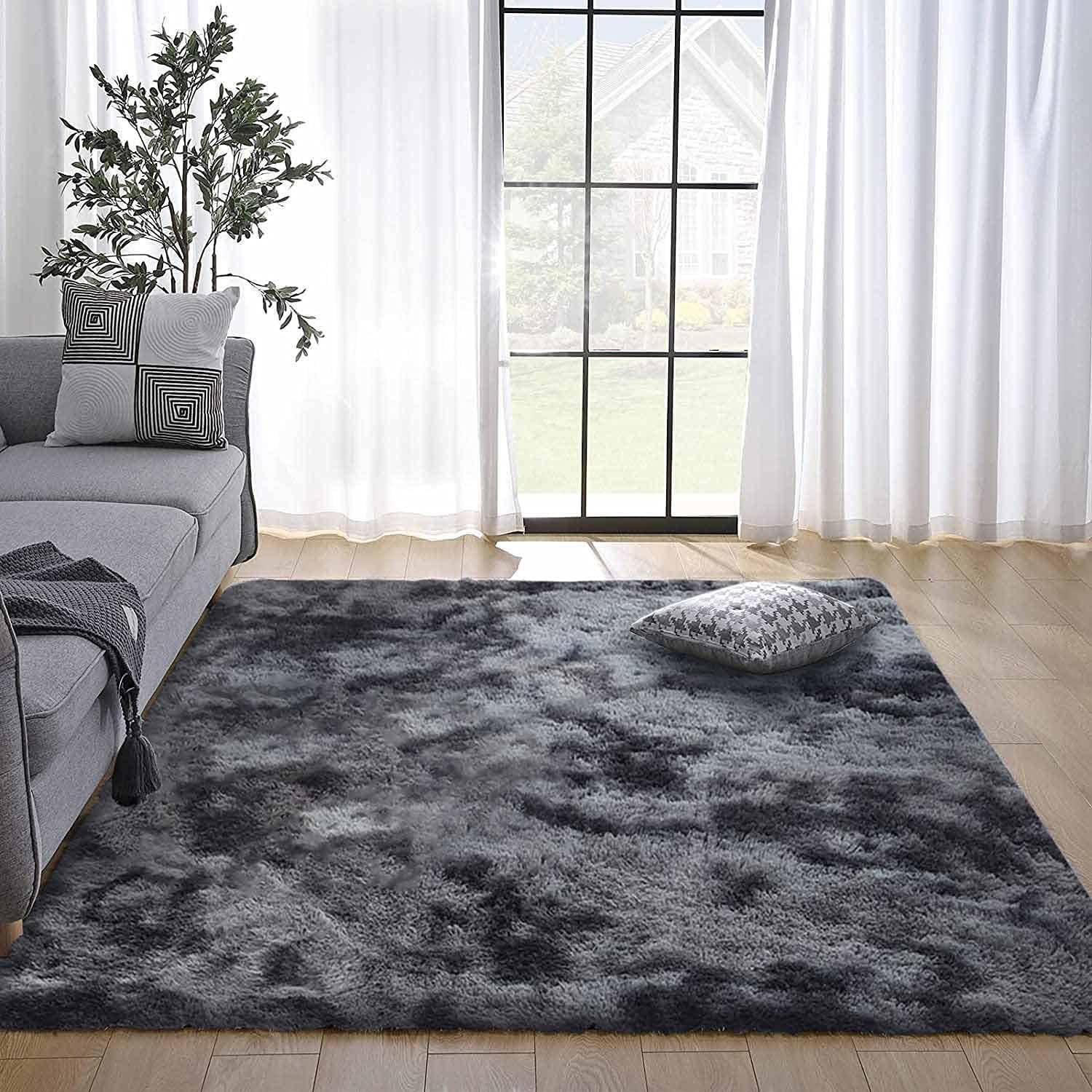 Teppich rund flauschig groß 200 x 300 cm (Rechteckig) Grau Schwarz