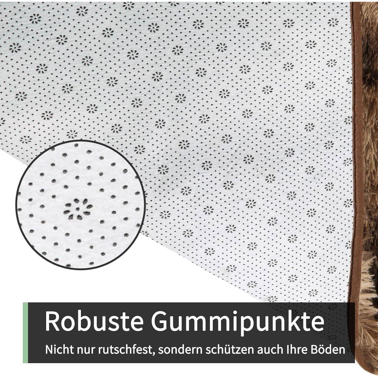 Das Bild zeigt die Rückseite einer Matte mit rutschfesten Gummipunkten und betont den Bodenschutz. Der Text lautet „Robuste Gummipunkte