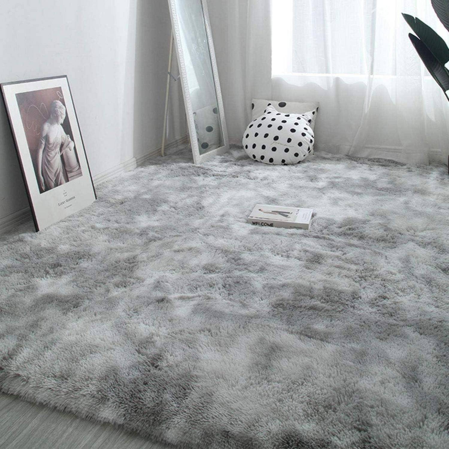 Teppich Rund Flauschig Rutschfest 200 x 300 cm Rechteckig Grau Weiß