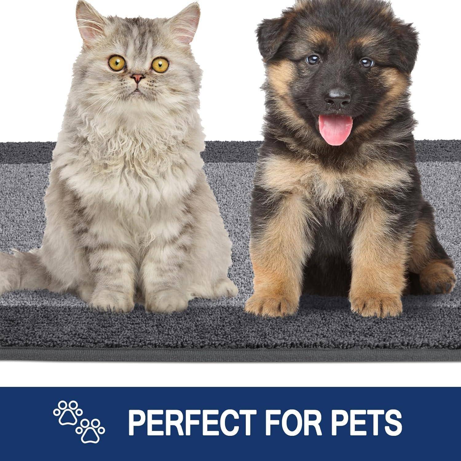 Eine flauschige graue Katze und ein brauner Welpe sitzen nebeneinander auf einer grauen Matte. Darunter steht der Text ‚Perfekt für Haustiere' mit Pfotenabdruckikonen.