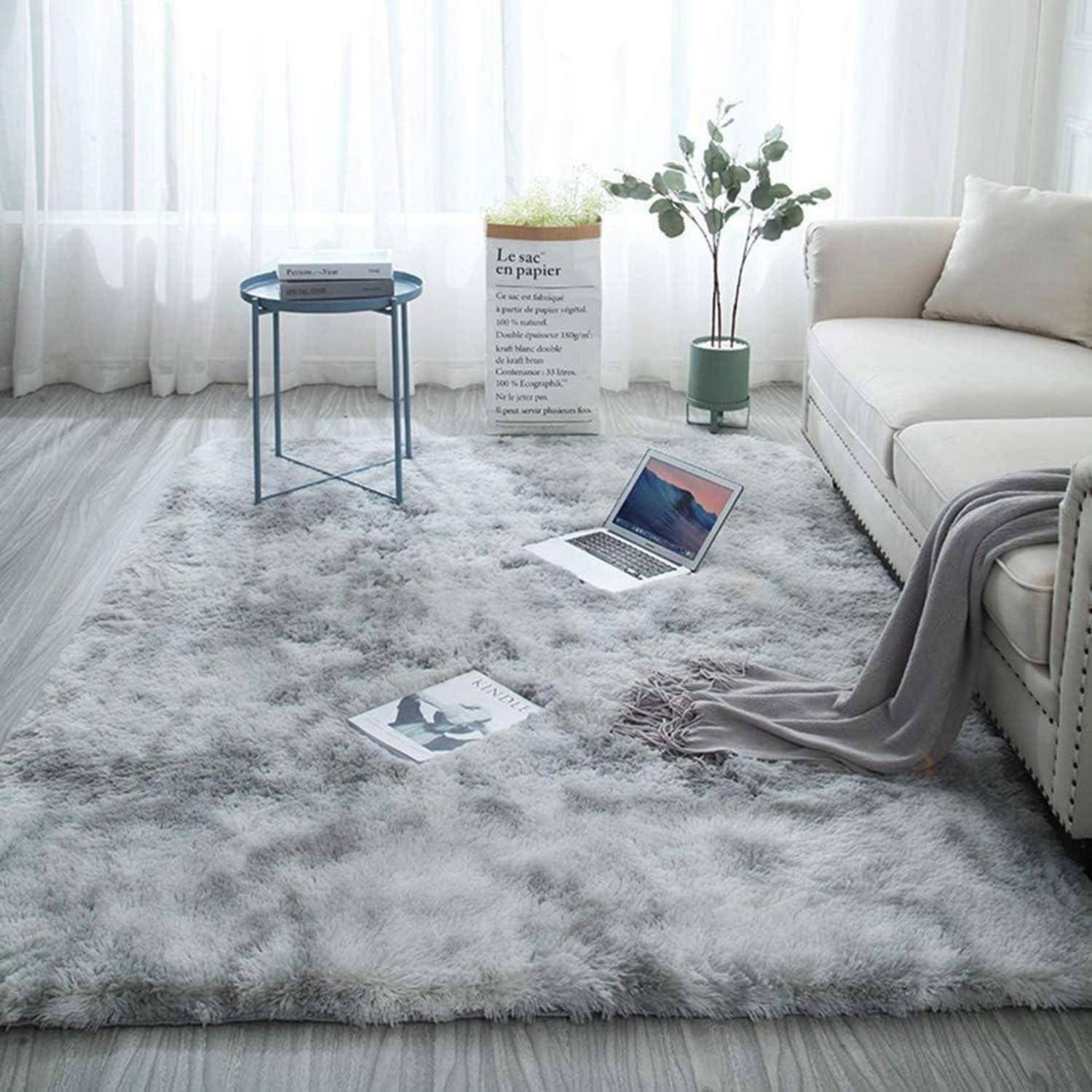 Ein gemütliches Wohnzimmer mit einem flauschigen grauen Teppich, einem Laptop auf dem Boden, einem blauen Beistelltisch, Pflanzen und einem weißen Sofa, das eine ruhige Atmosphäre schafft.