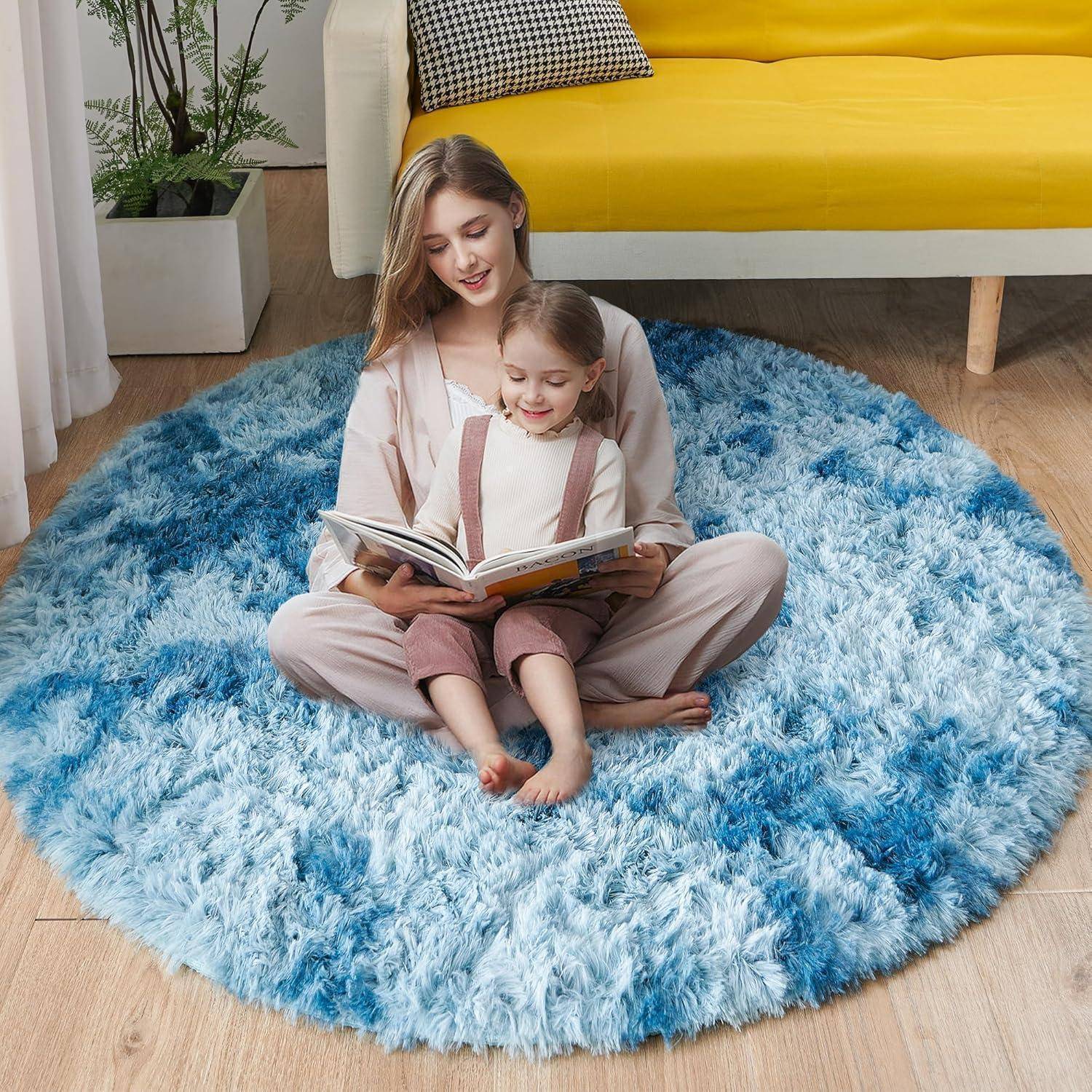 Teppich Rund Plüschteppich Kinderteppich Pfauenblau 150 x 150 cm