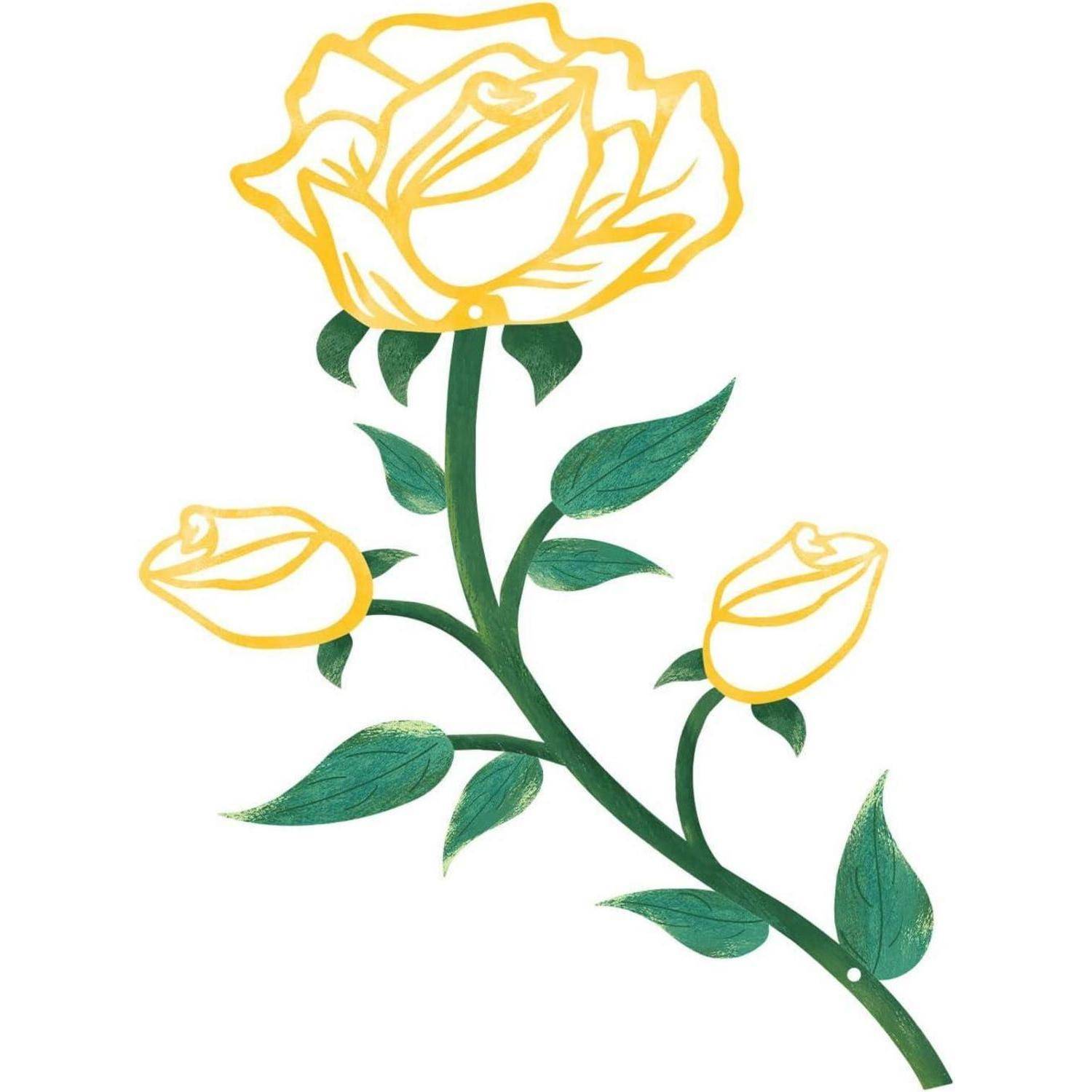 Eine stilisierte Illustration einer gelben Rose mit zwei Knospen und grünen Blättern an einem Stiel, die Wachstum und Eleganz symbolisiert.