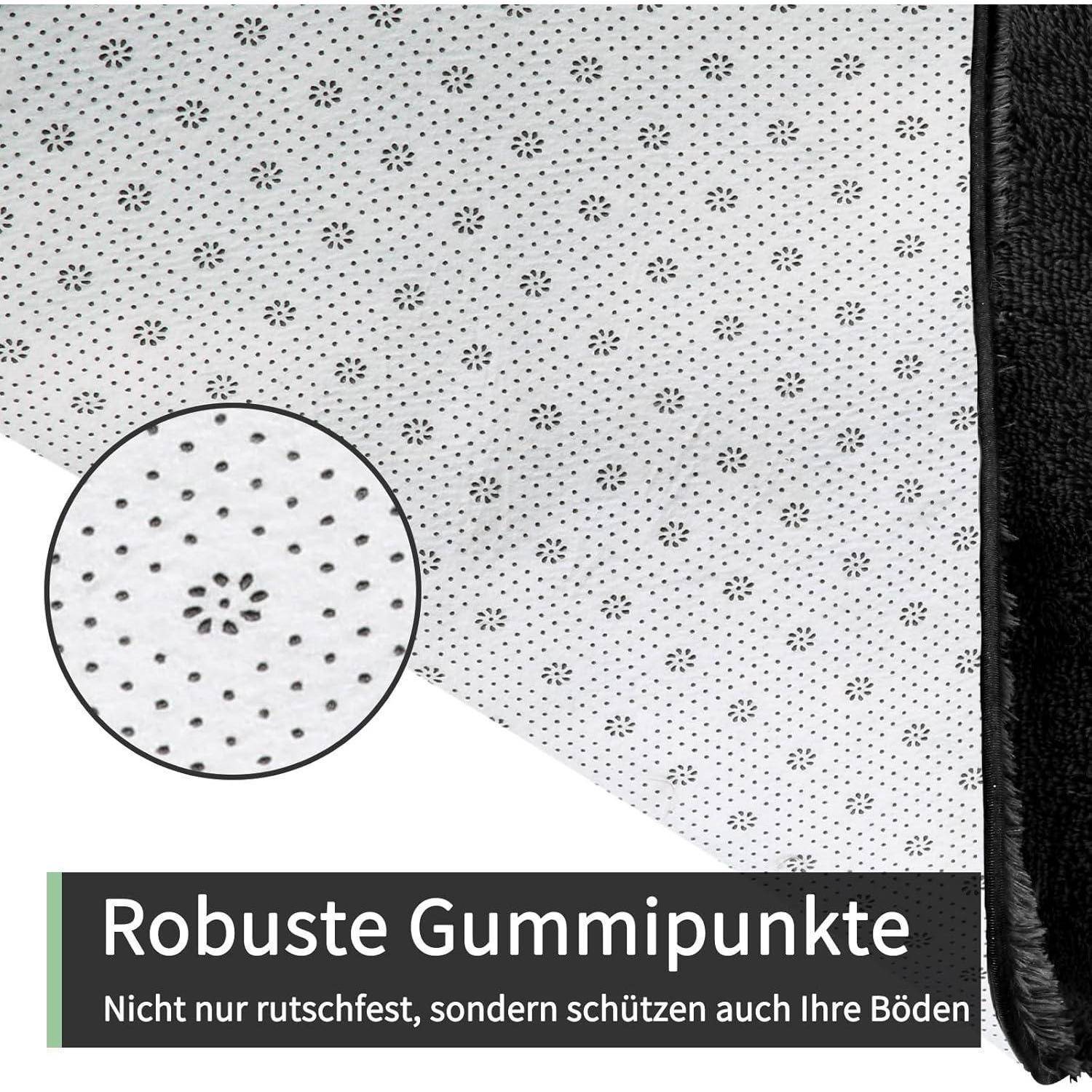 Nahaufnahme einer strukturierten Oberfläche mit kleinen Gummipunkten. Text lautet: 'Robuste Gummipunkte: Nicht nur rutschfest, sondern schützen auch Ihre Böden