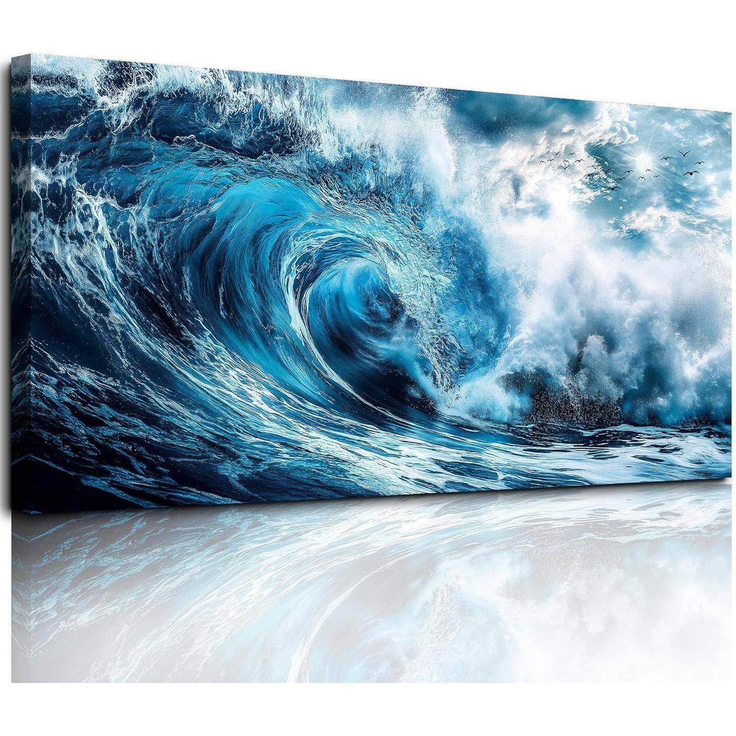 Leinwandbild Wellen Blau Landschaft XXL Raue Wellen 146L x 73B cm