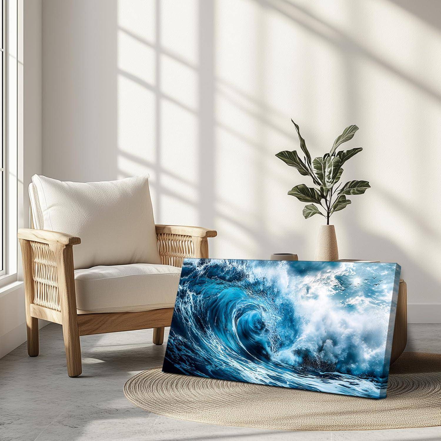 Leinwandbild Wellen Blau Landschaft XXL Raue Wellen 146L x 73B cm