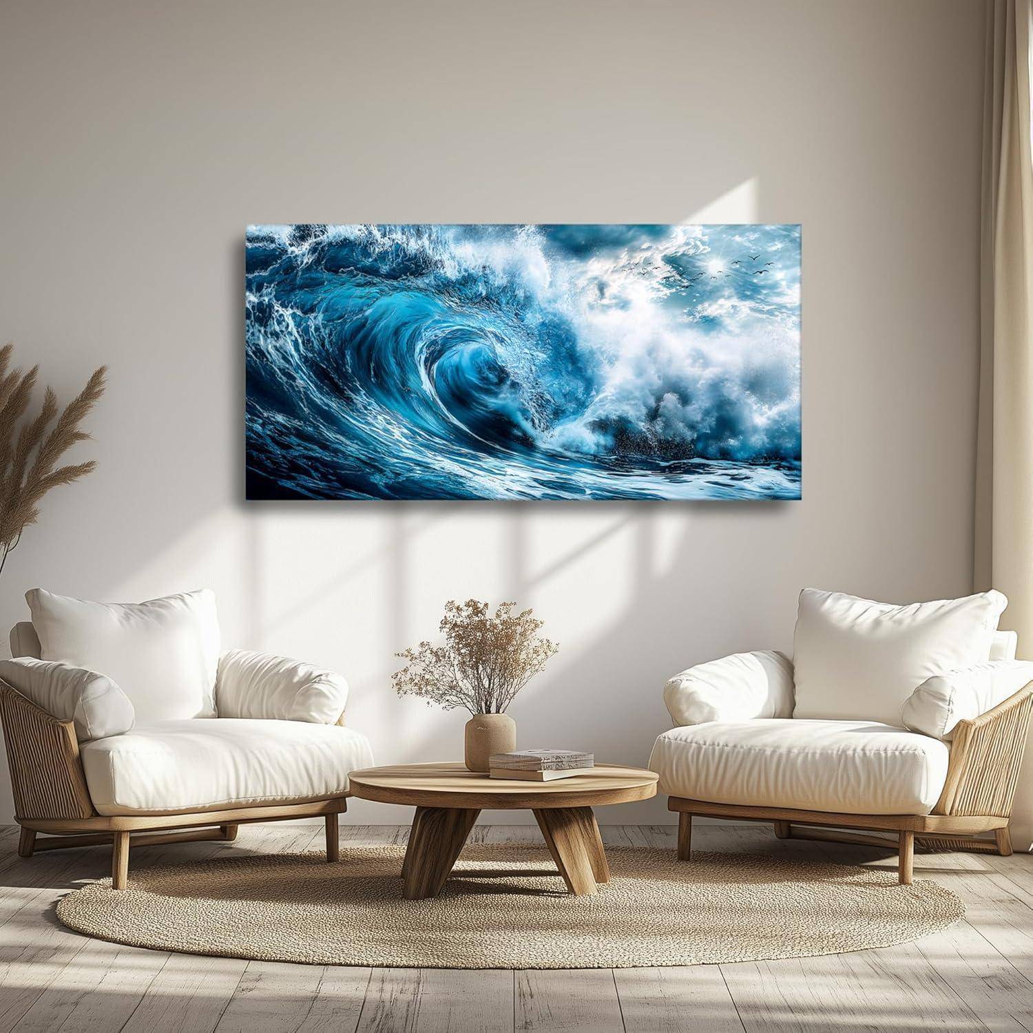 Leinwandbild Wellen Blau Landschaft XXL Raue Wellen 146L x 73B cm