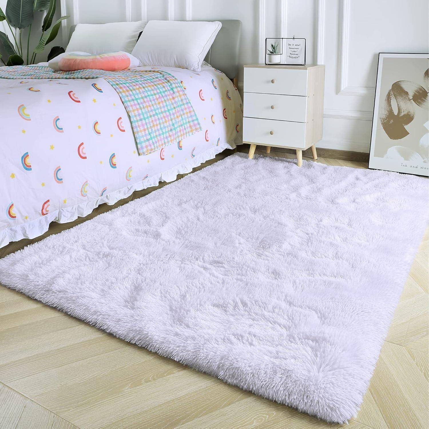 Teppich Hochflor Shaggy Flauschig Wohnzimmer Reines Weiß 120 x 160 cm