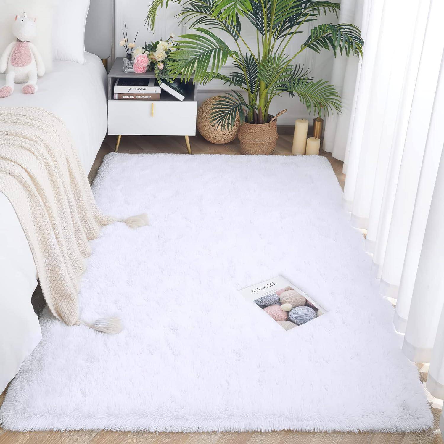 Teppich Hochflor Shaggy Flauschig Wohnzimmer Reines Weiß 120 x 160 cm