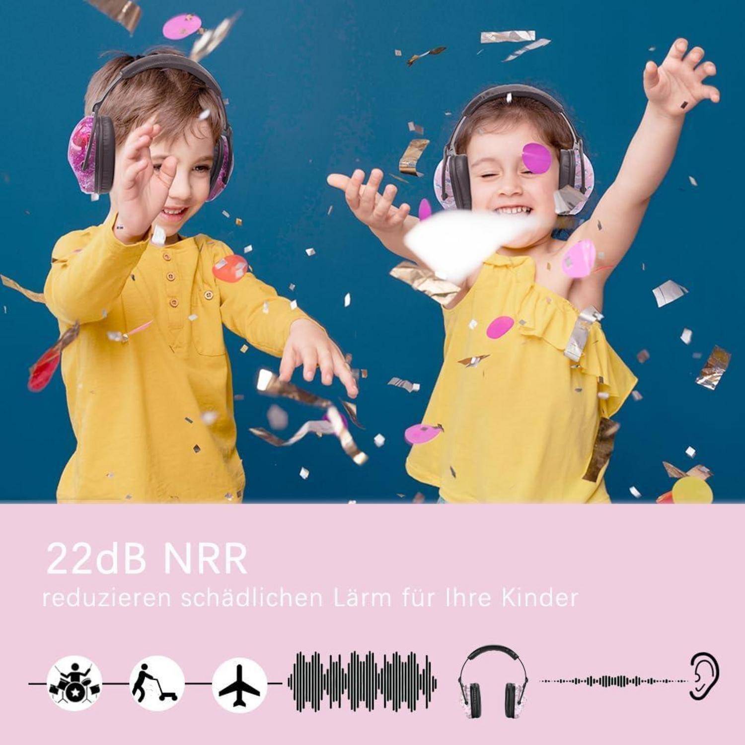Zwei Kinder mit Kopfhörern spielen mit Konfetti. Text lautet '22dB NRR reduzieren schädlichen Lärm für Ihre Kinder.