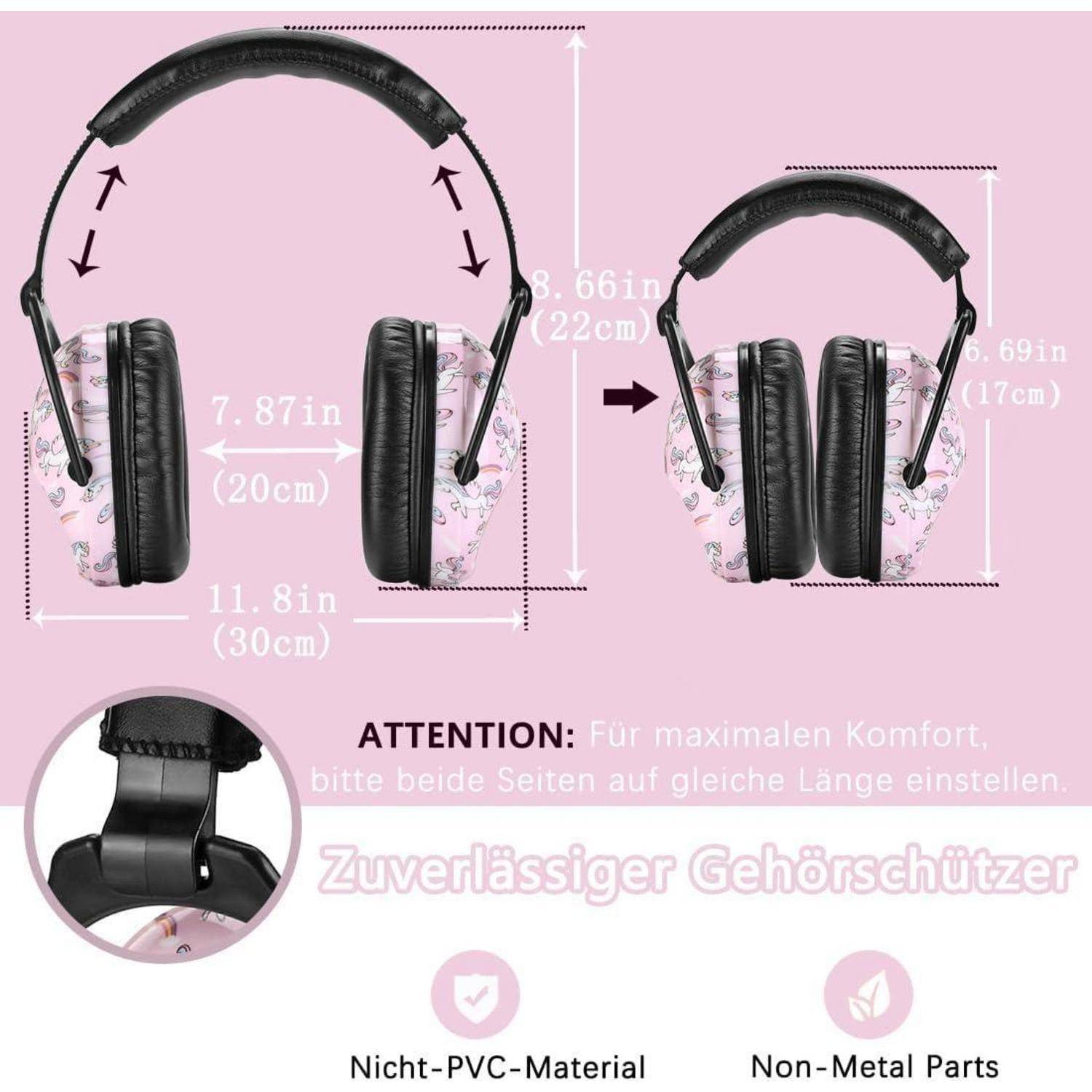 Zuverlässiger Gehörschützer' Gehörschutz mit pinkem Design. Verstellbarer Kopfbügel mit Abmessungen: 7,87 Zoll bis 11,8 Zoll. Nicht-Metall, nicht-PVC-Material.