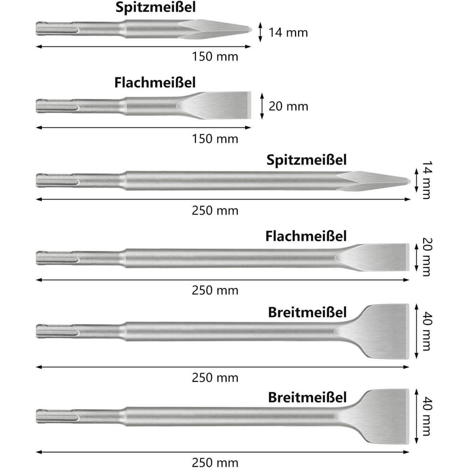 Meißelset SDS Plus 6tlg Flachmeißel Breitmeißel Spitzmeißel Variable