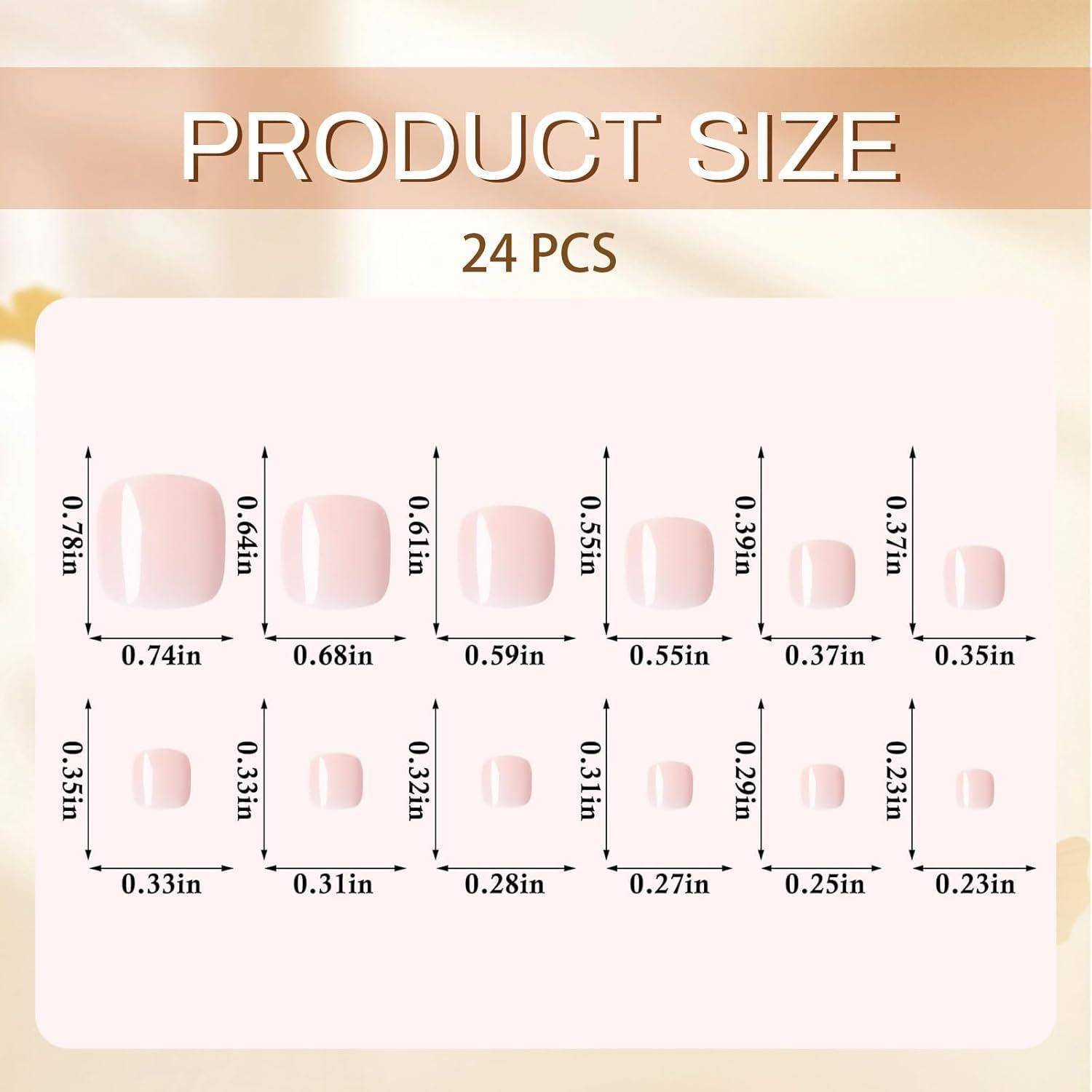 Nagelset mit 24 Stück in verschiedenen Größen, von 1,88 cm x 1,60 cm bis 0,58 cm x 0,58 cm, mit Maßangaben präsentiert.