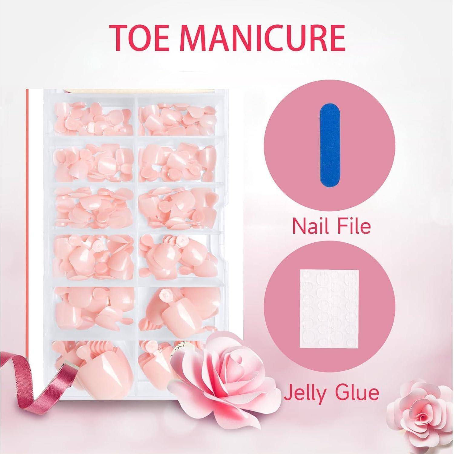 Nagel-Set für Pediküre mit rosa Acrylnägeln, einer blauen Nagelfeile und Kleber. Inklusive dekorativer rosa Schleife und Blumen.
