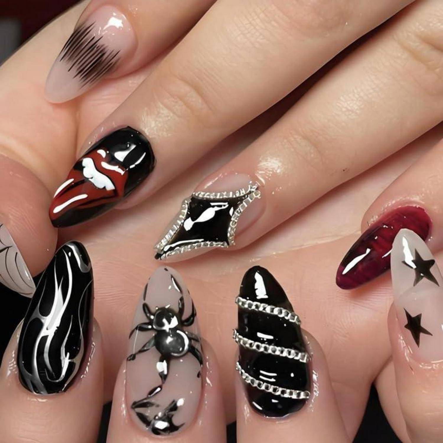Künstliche Nägel 24 Stück mandelförmig Spinnen-Design Halloween