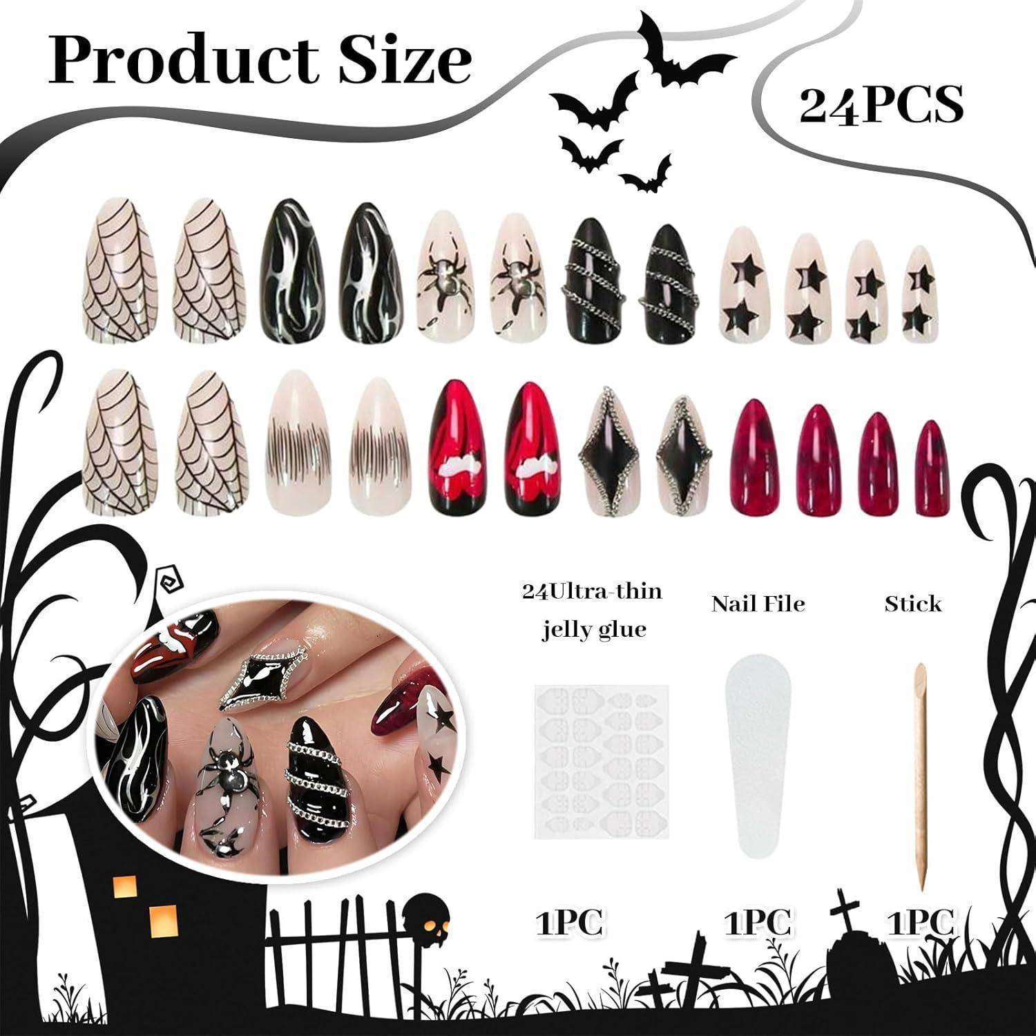 Künstliche Nägel 24 Stück mandelförmig Spinnen-Design Halloween