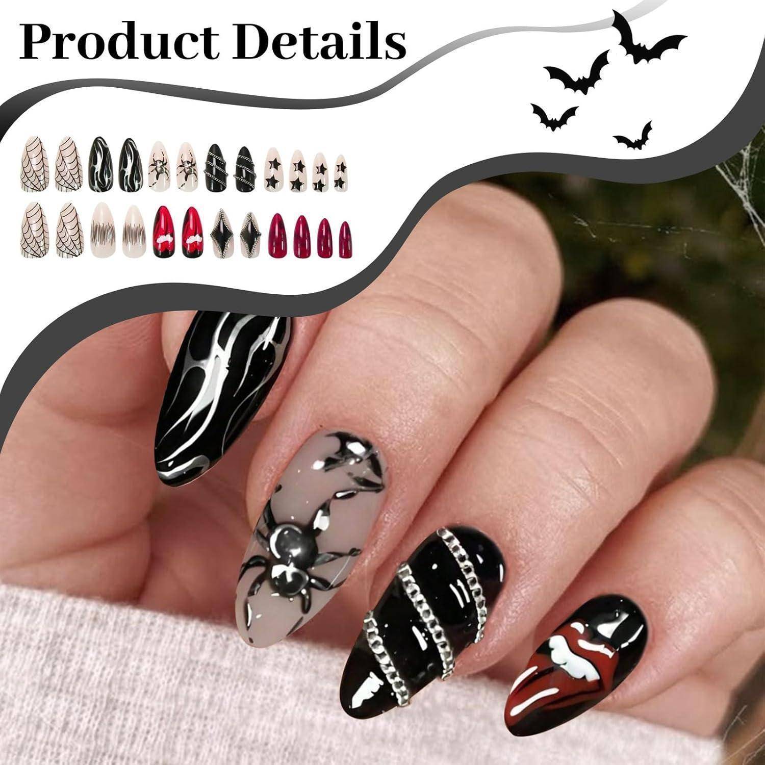 Künstliche Nägel 24 Stück mandelförmig Spinnen-Design Halloween