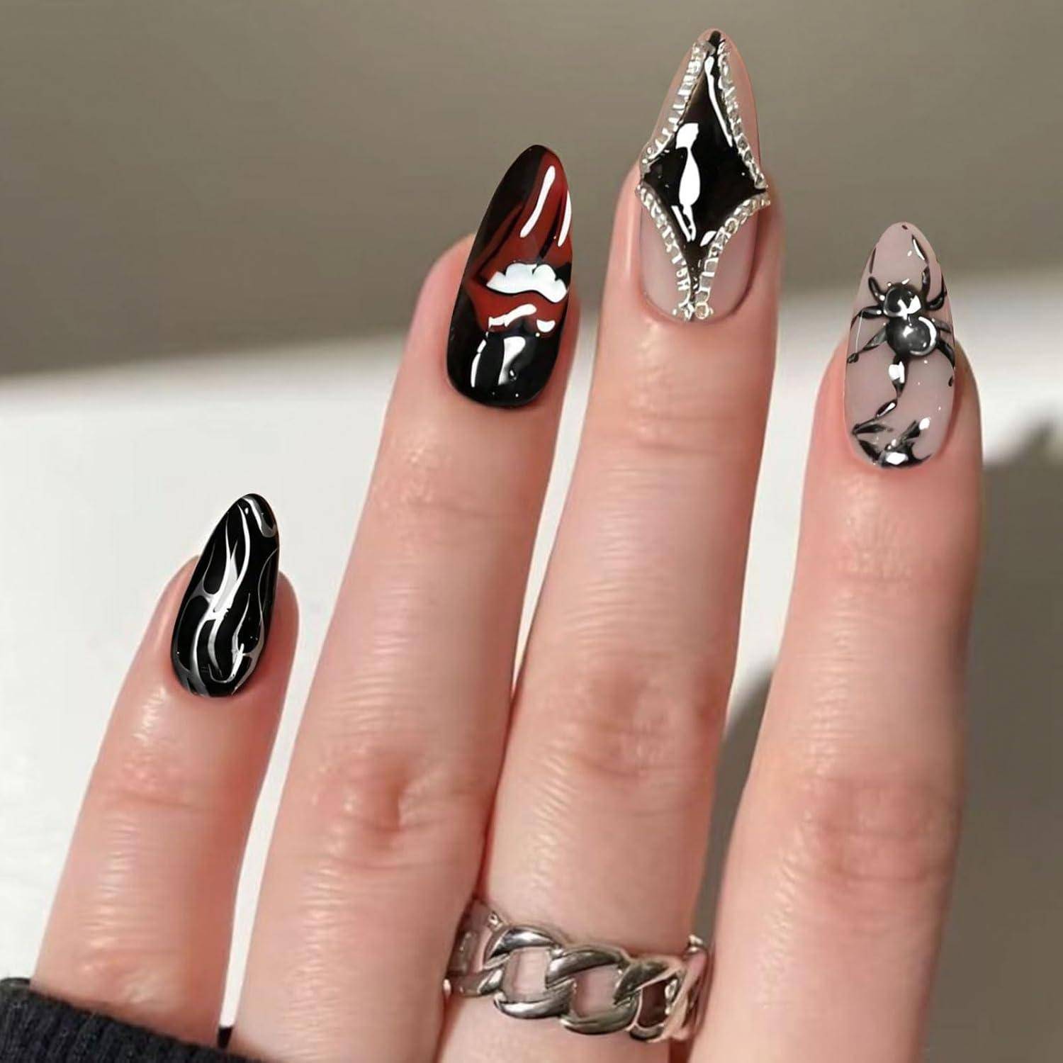 Künstliche Nägel 24 Stück mandelförmig Spinnen-Design Halloween