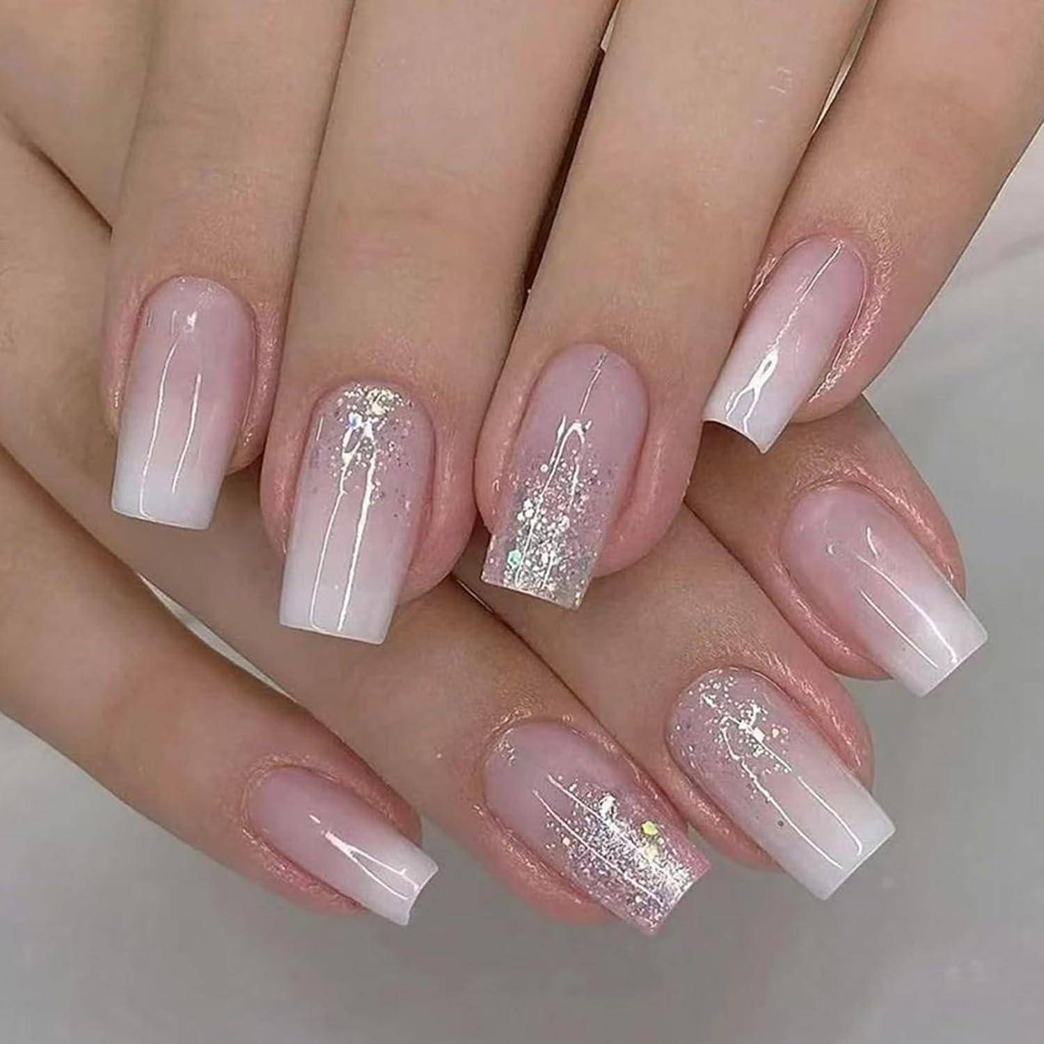 Falsche Nägel 24er Rosa Ombre Koffin Gradient Glitter 1 ml (1er Pack)