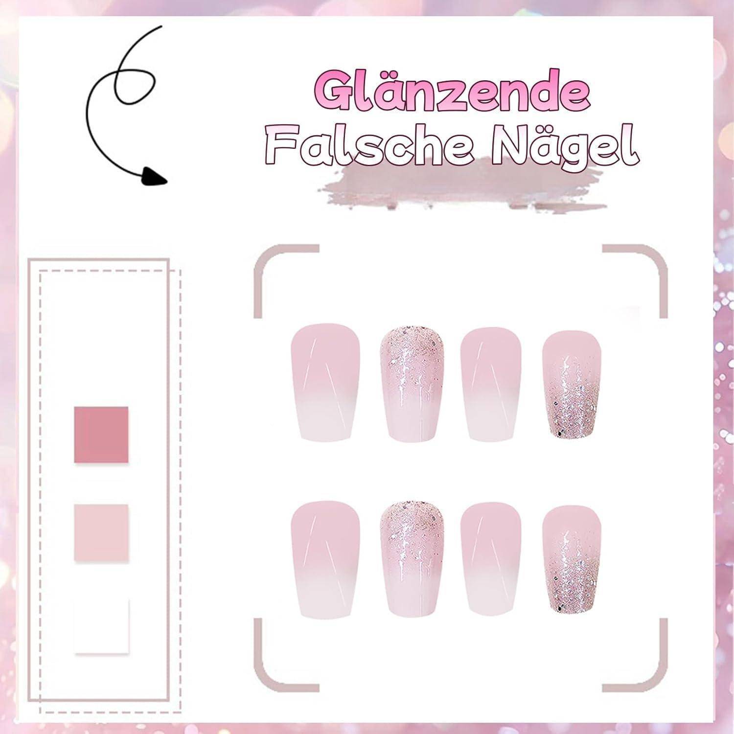 Falsche Nägel 24er Rosa Ombre Koffin Gradient Glitter 1 ml (1er Pack)