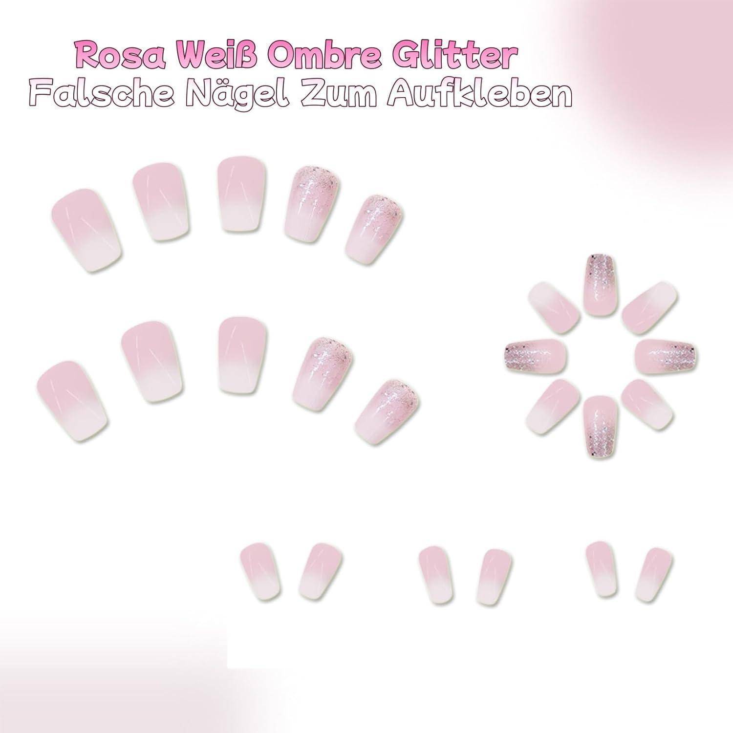 Falsche Nägel 24er Rosa Ombre Koffin Gradient Glitter 1 ml (1er Pack)