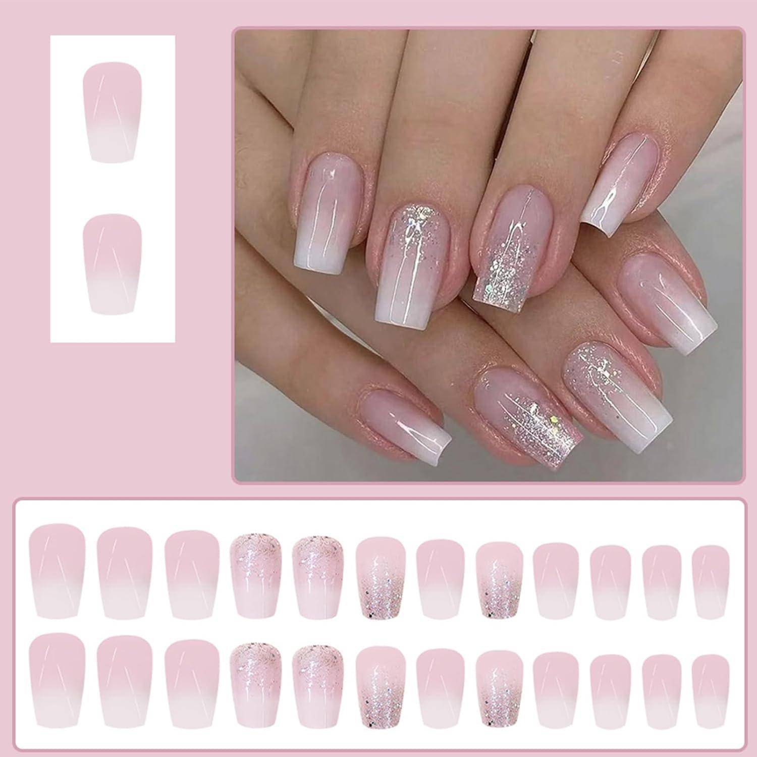 Falsche Nägel 24er Rosa Ombre Koffin Gradient Glitter 1 ml (1er Pack)
