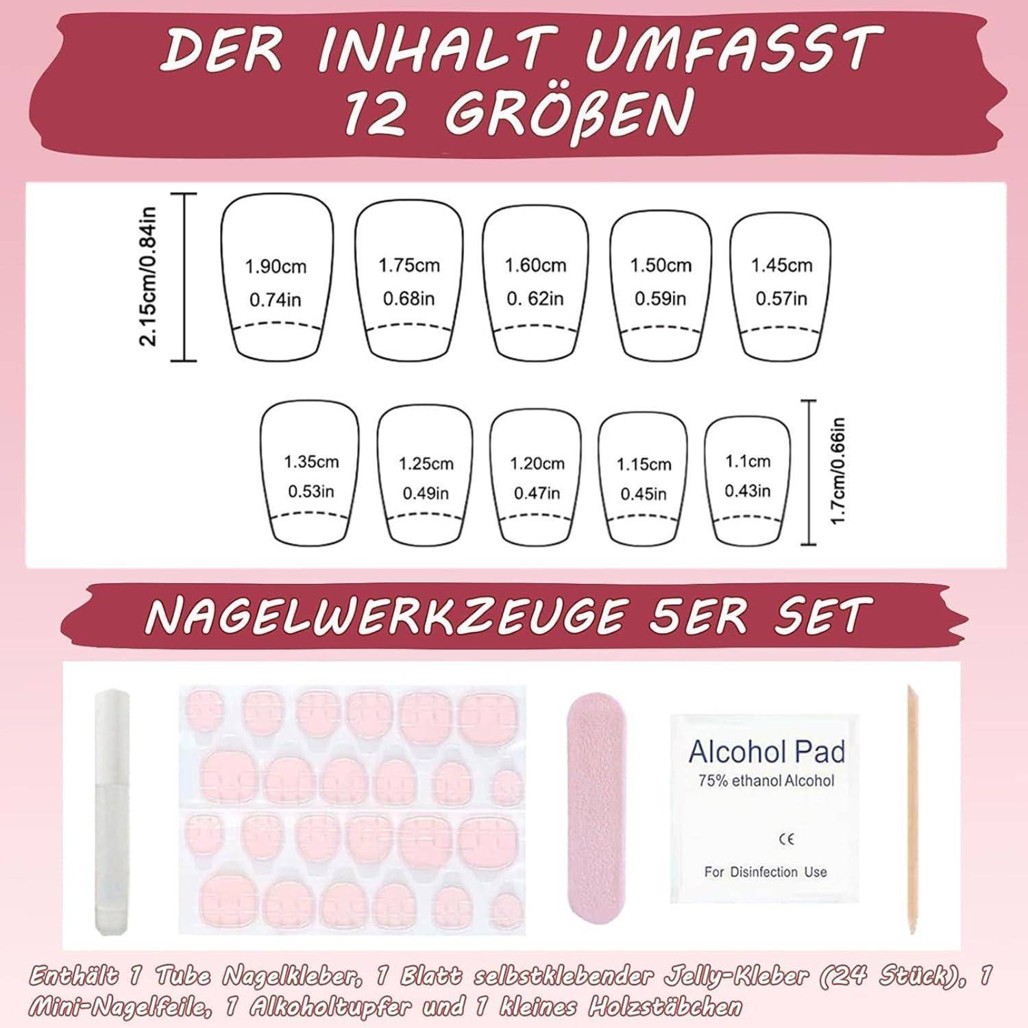Falsche Nägel 24er Rosa Ombre Koffin Gradient Glitter 1 ml (1er Pack)