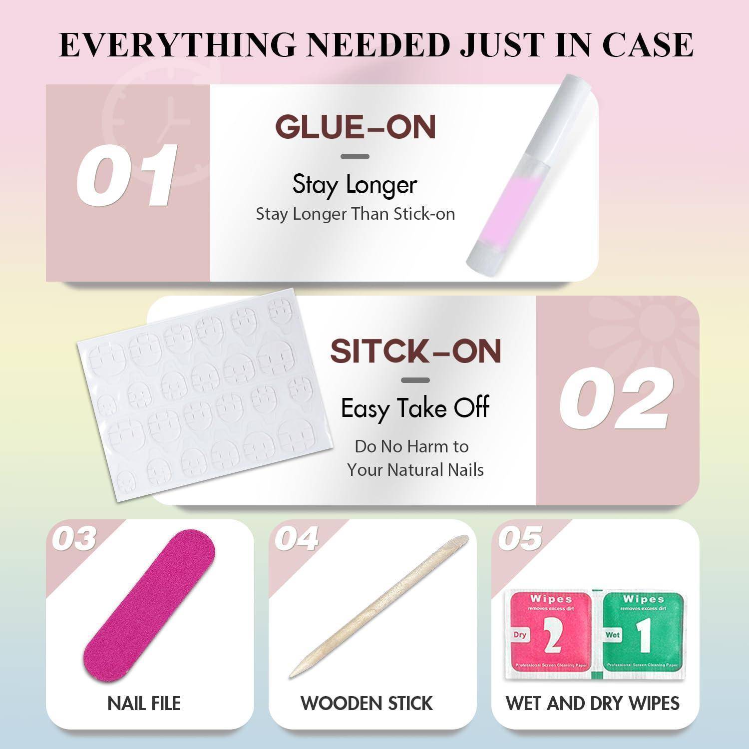 Nagel-Set Grundausstattung: 1. Aufklebbare Nägel für längere Haltbarkeit. 2. Sticker-Nägel für einfache Entfernung. Enthält Nagelfeile, Holzstab, Reinigungstücher.