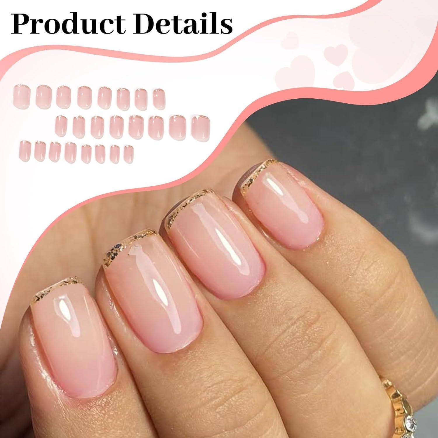 Kunstnägel 24er kurz quadratisch Press-On-Nägel rosa French Glitzer