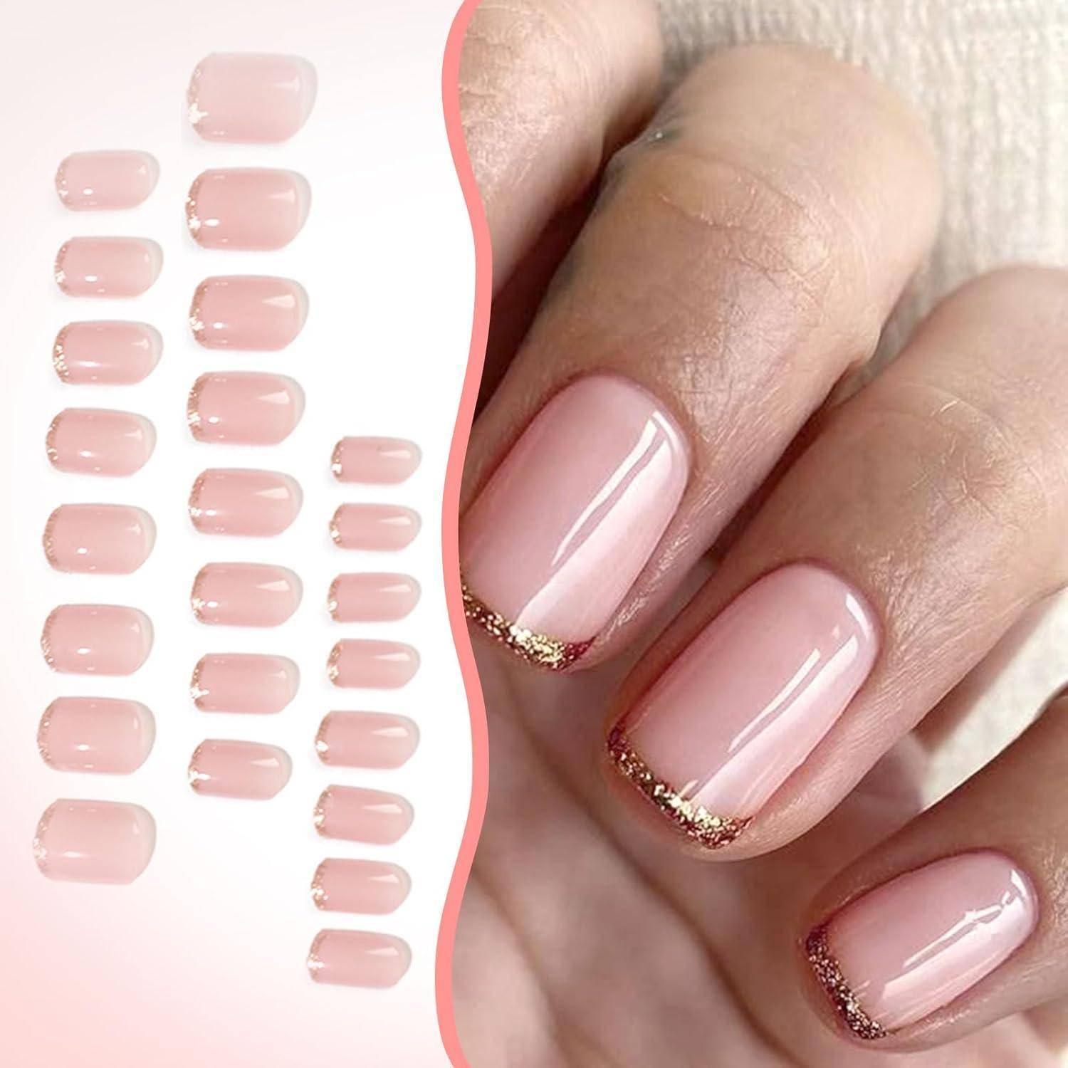 Kunstnägel 24er kurz quadratisch Press-On-Nägel rosa French Glitzer