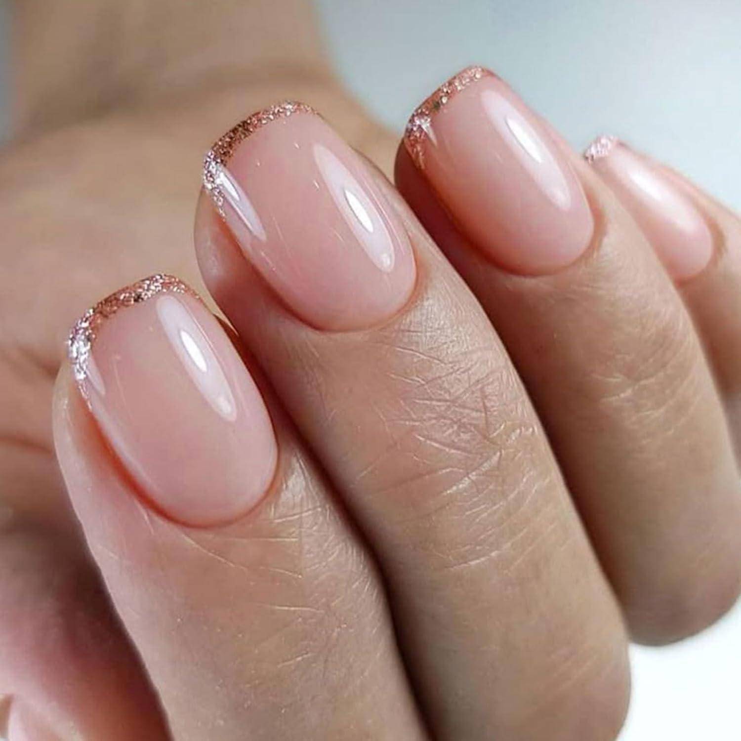 Kunstnägel 24er kurz quadratisch Press-On-Nägel rosa French Glitzer