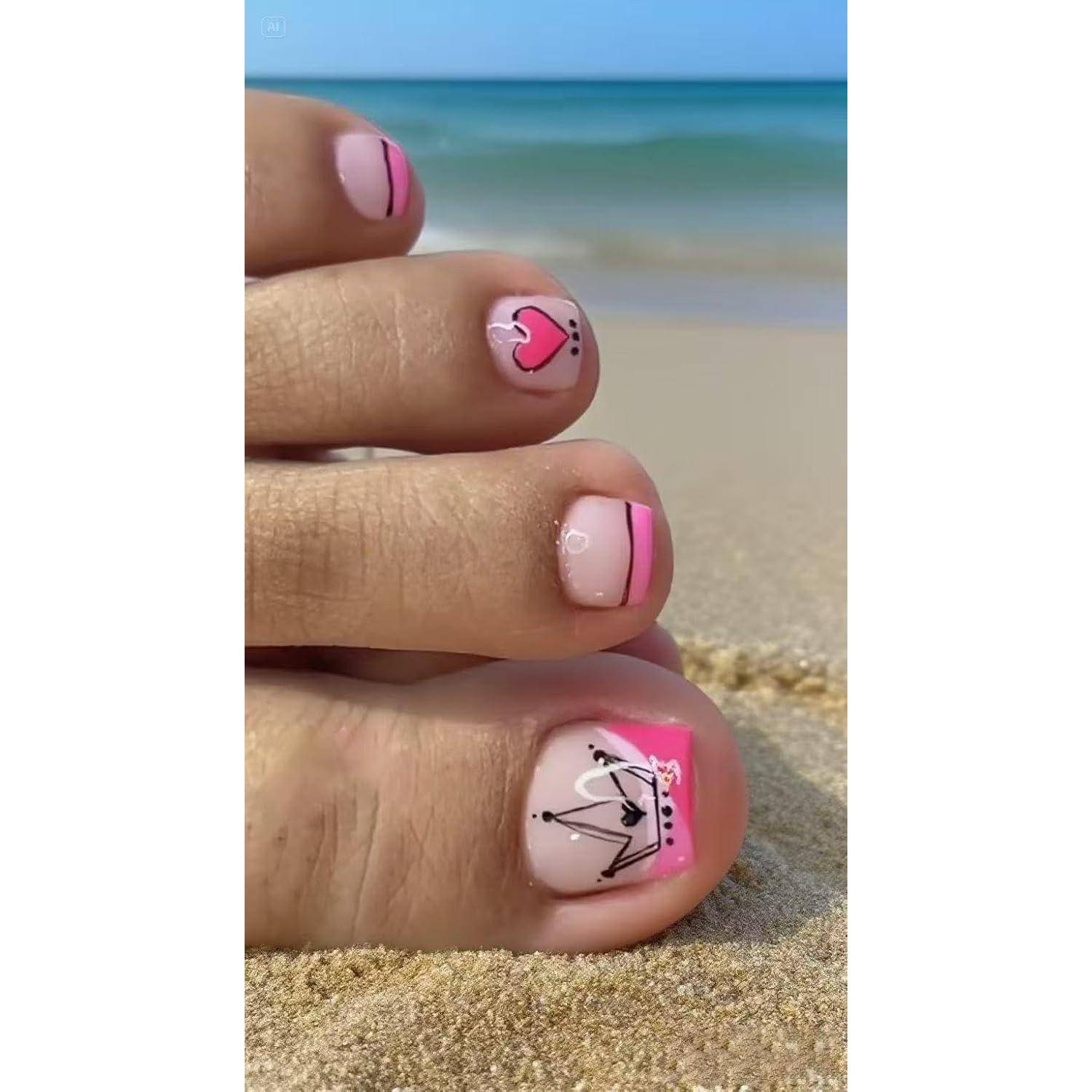 Falsche Zehennägel Aufkleben 12 Größen Nailart D-French 24pcs toenails