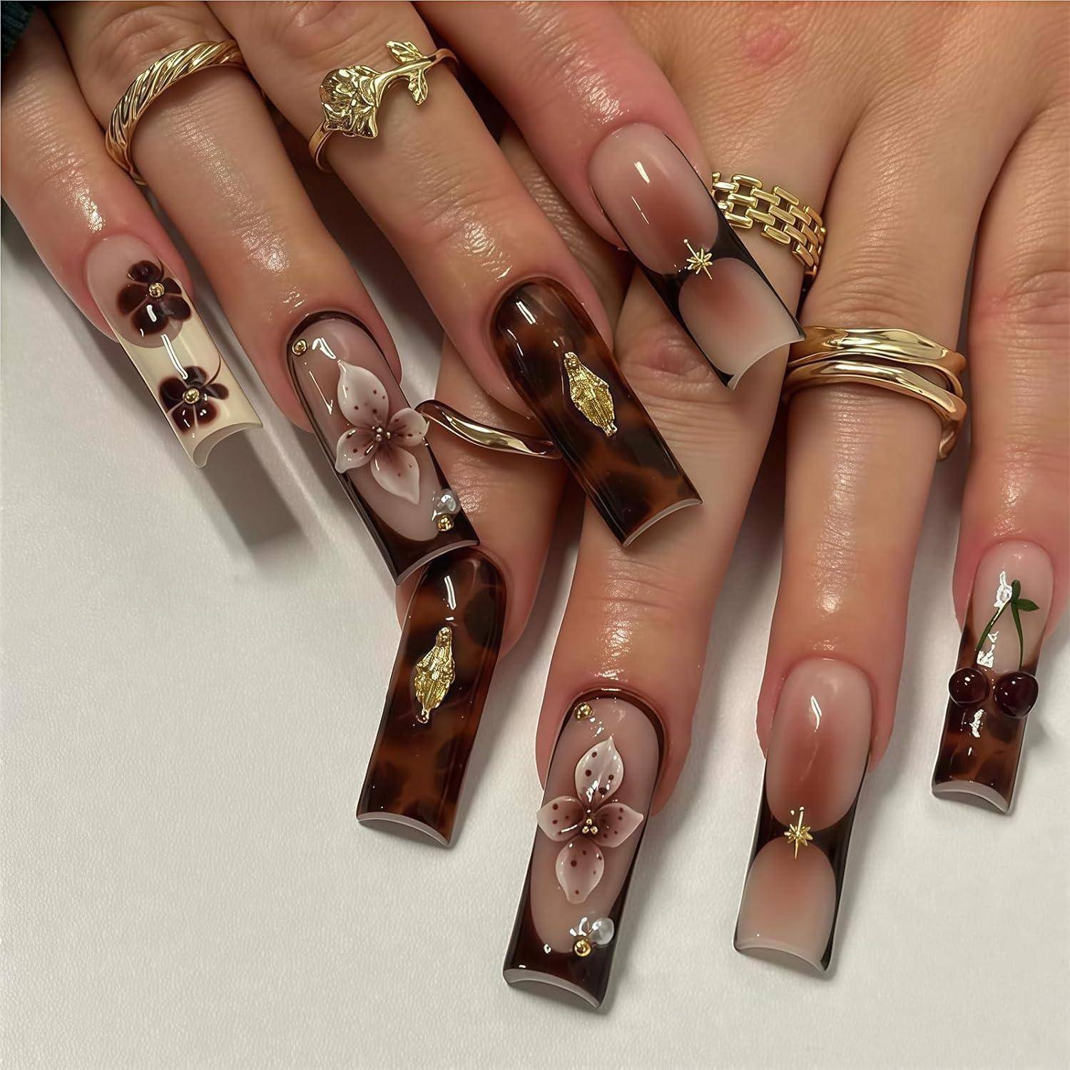 Press on Nagel 24er quadratisch braun Blumen 3D Gold wiederverwendbar