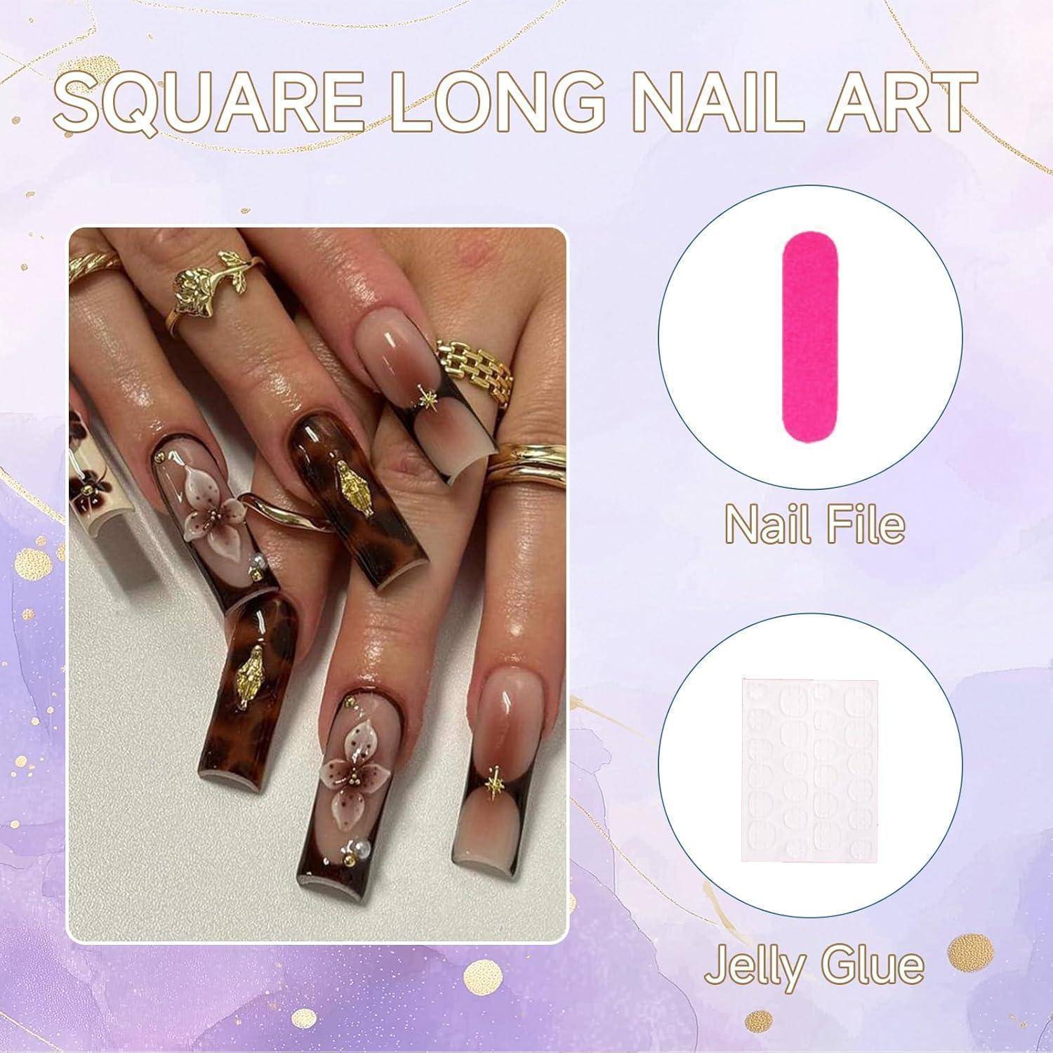 Press on Nagel 24er quadratisch braun Blumen 3D Gold wiederverwendbar