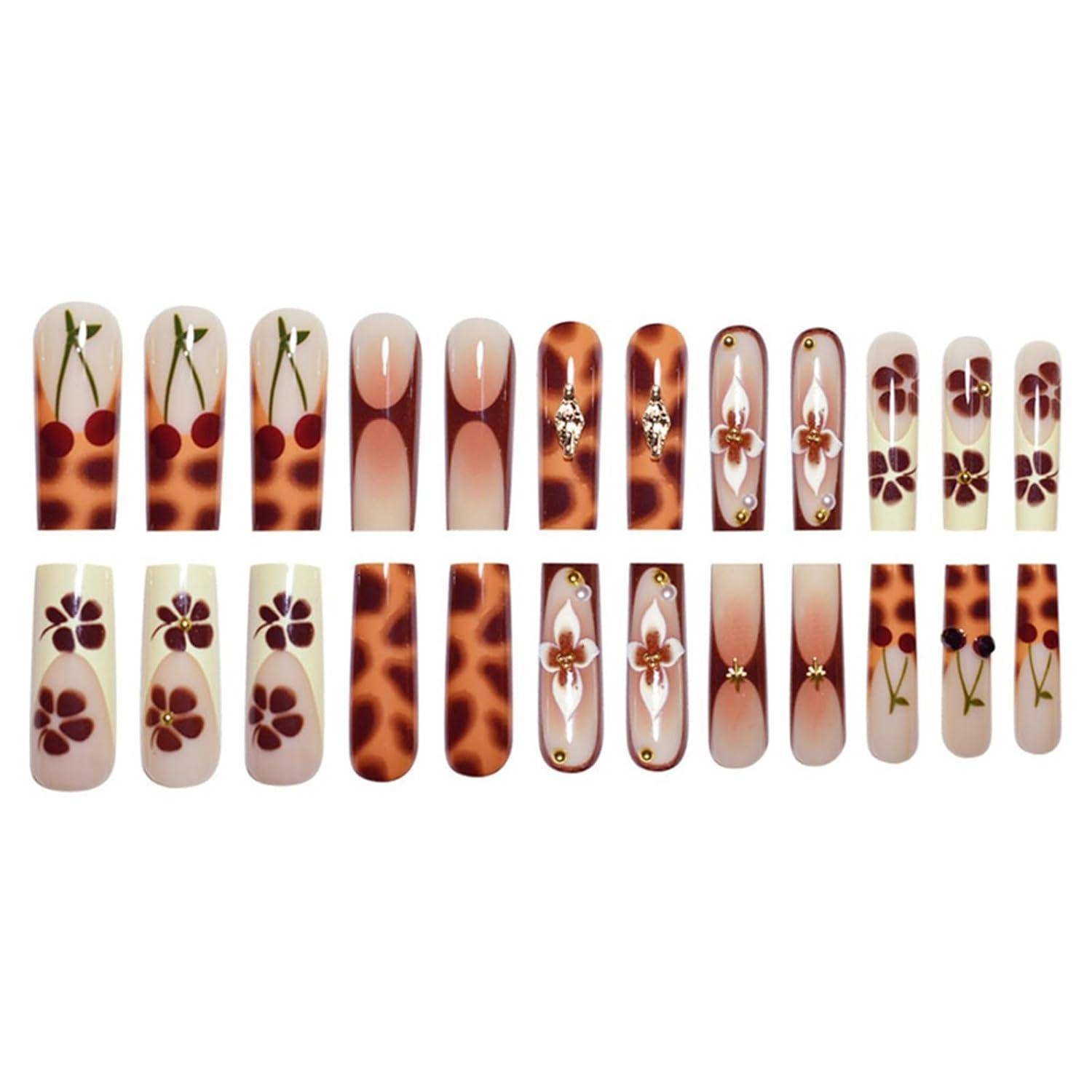 Press on Nagel 24er quadratisch braun Blumen 3D Gold wiederverwendbar